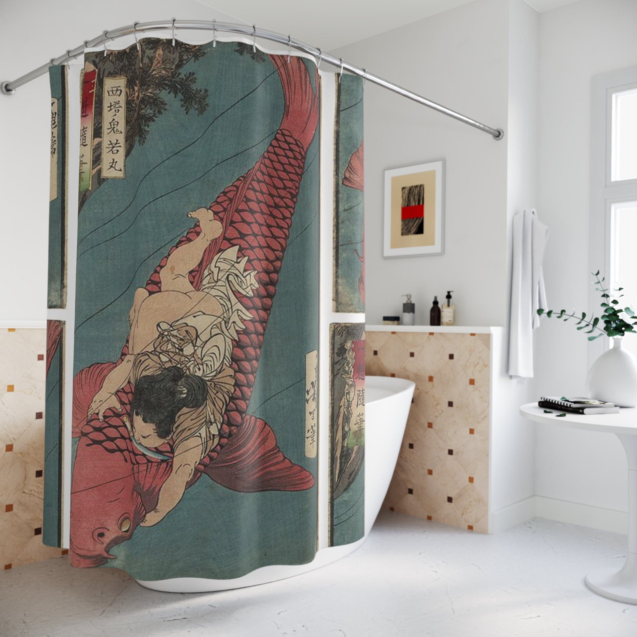 Kintaro Riding Red Koi Bathroom Shower Curtain