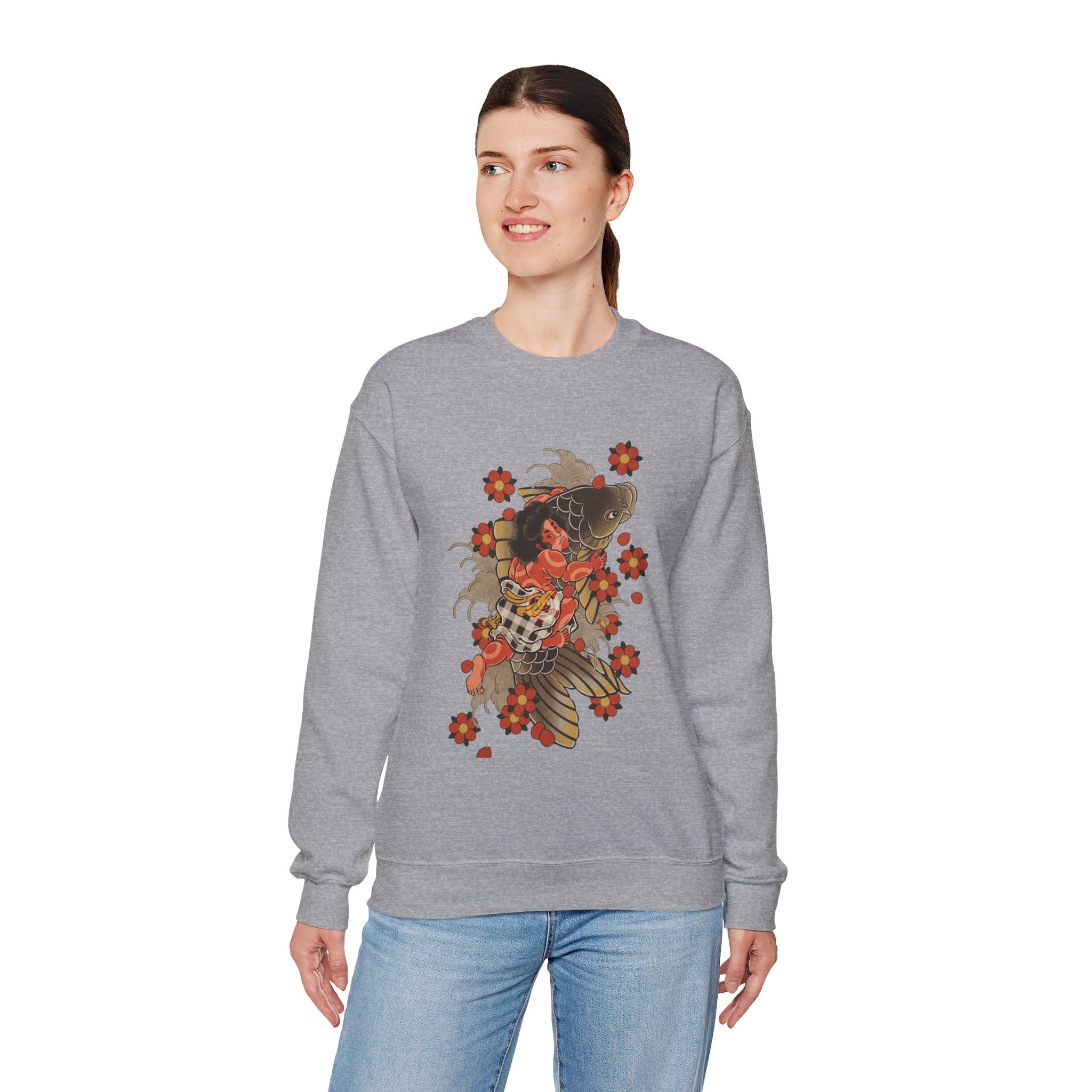 Kintaro The Golden Boy with Koi and Cherry Blossoms Crewneck Sweatshirt