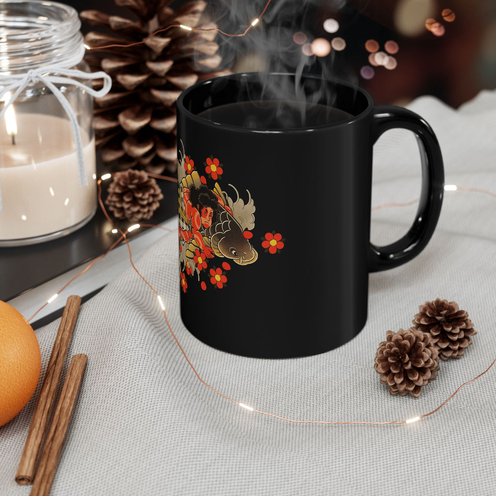 Kintaro and Koi with Cherry Blossoms Black Ceramic Mug (11oz/15oz)