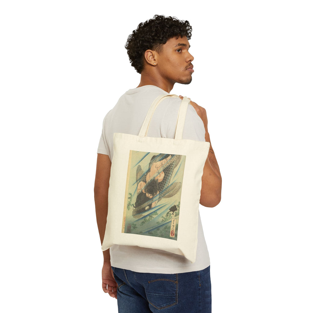 Kintaro Riding Koi Print Canvas Tote