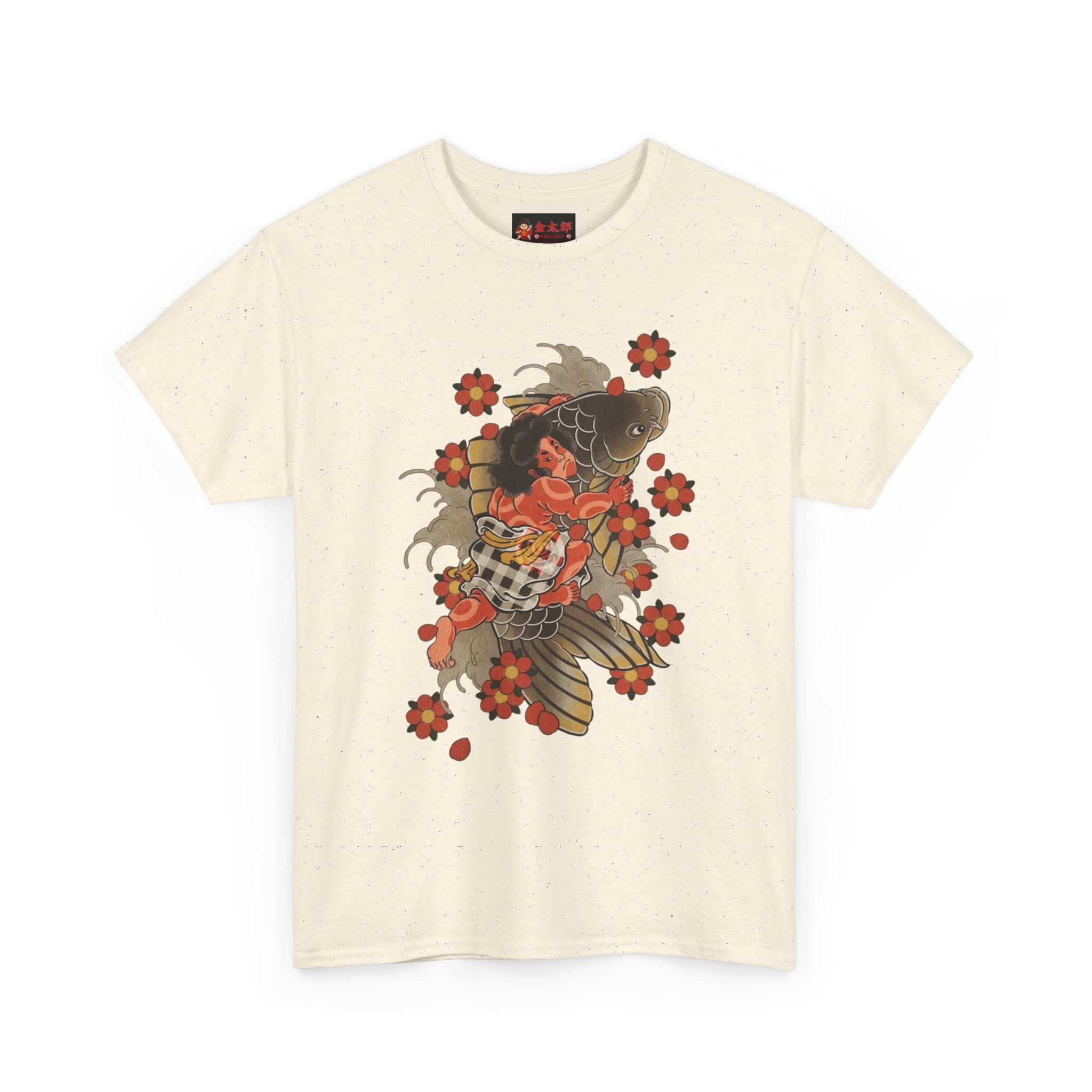 Kintaro The Golden Boy with Koi and Cherry Blossoms Printed T-Shirt