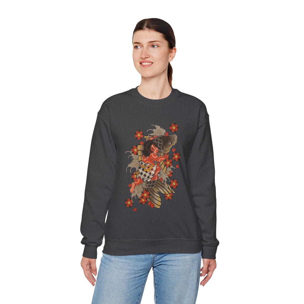 Kintaro The Golden Boy with Koi and Cherry Blossoms Crewneck Sweatshirt