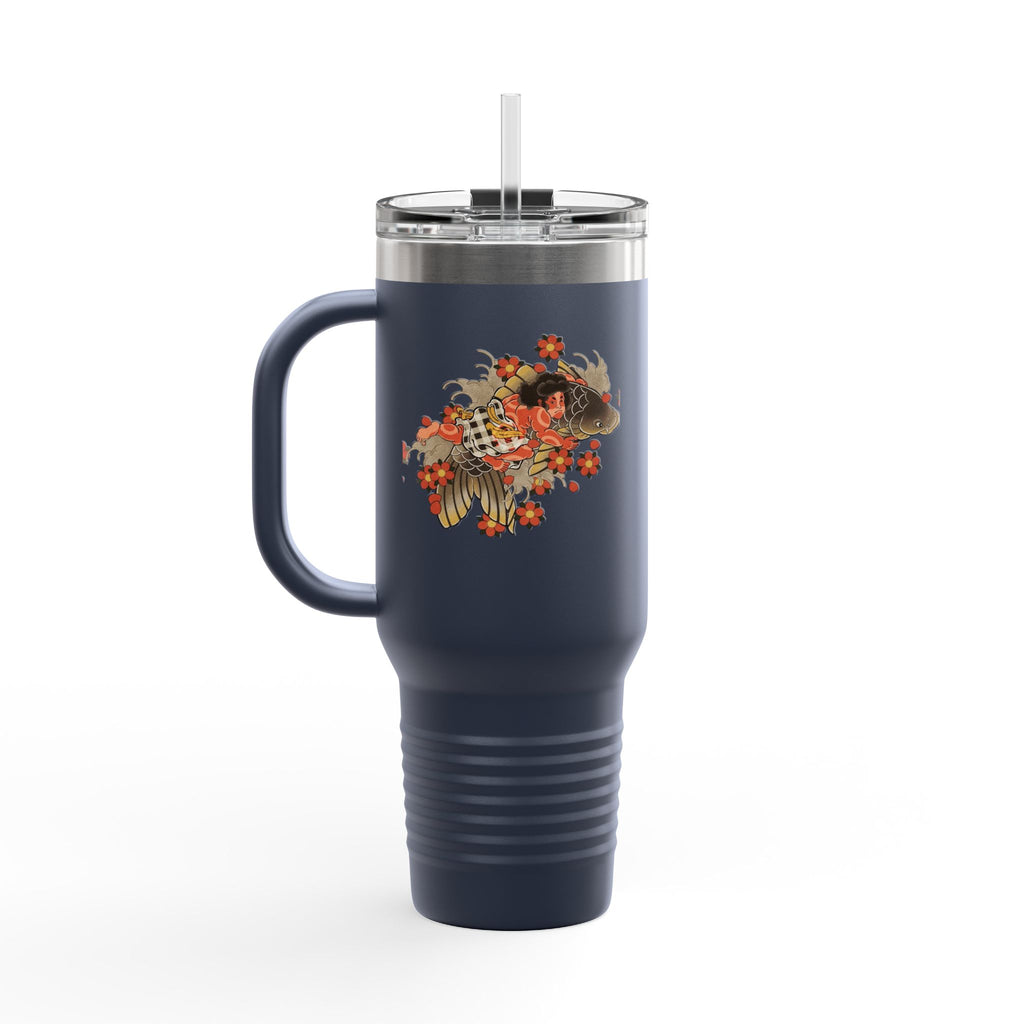Kintaro with Koi and Cherry Blossoms — 40oz Insulated Travel Mug Tumbler with Handle (Right Handed)