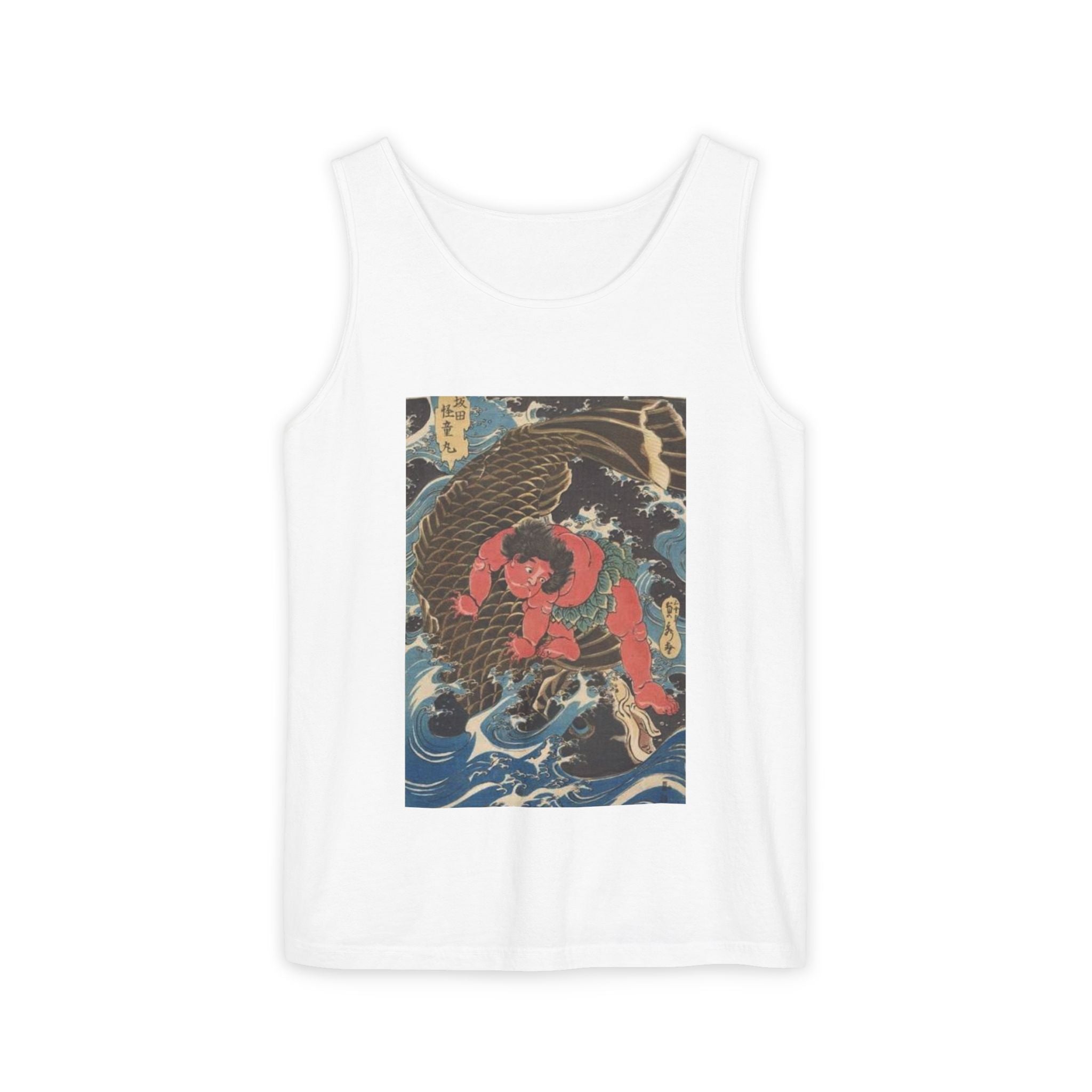 Unisex Garment-Dyed Tank Top with Kintaro the Golden Boy Fighting Koi Print