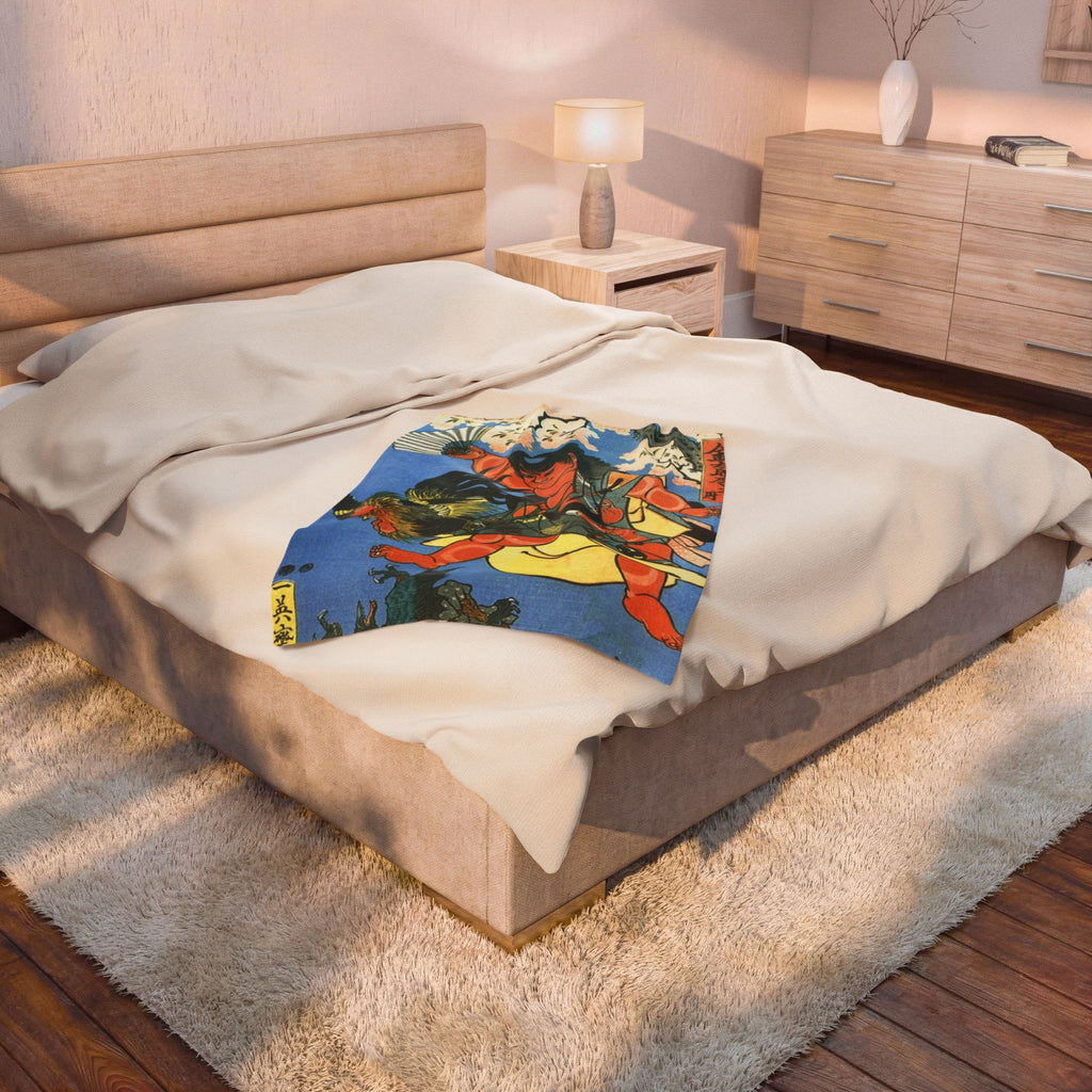 Velveteen Plush Blanket — Japanese Ukiyo-e Kintaro Design, Soft Cozy Throw