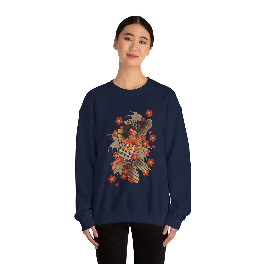 Kintaro The Golden Boy with Koi and Cherry Blossoms Crewneck Sweatshirt