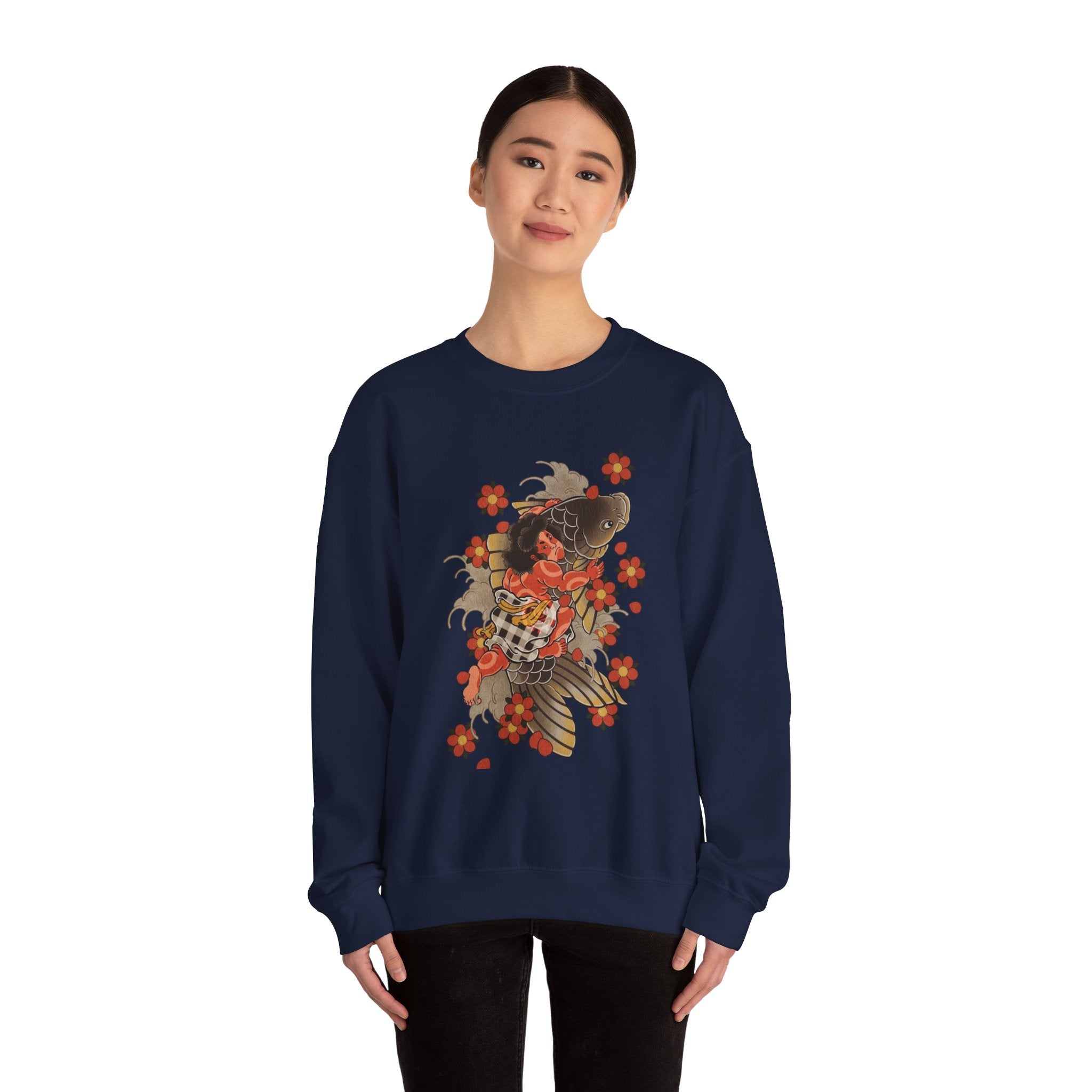 Kintaro The Golden Boy with Koi and Cherry Blossoms Crewneck Sweatshirt