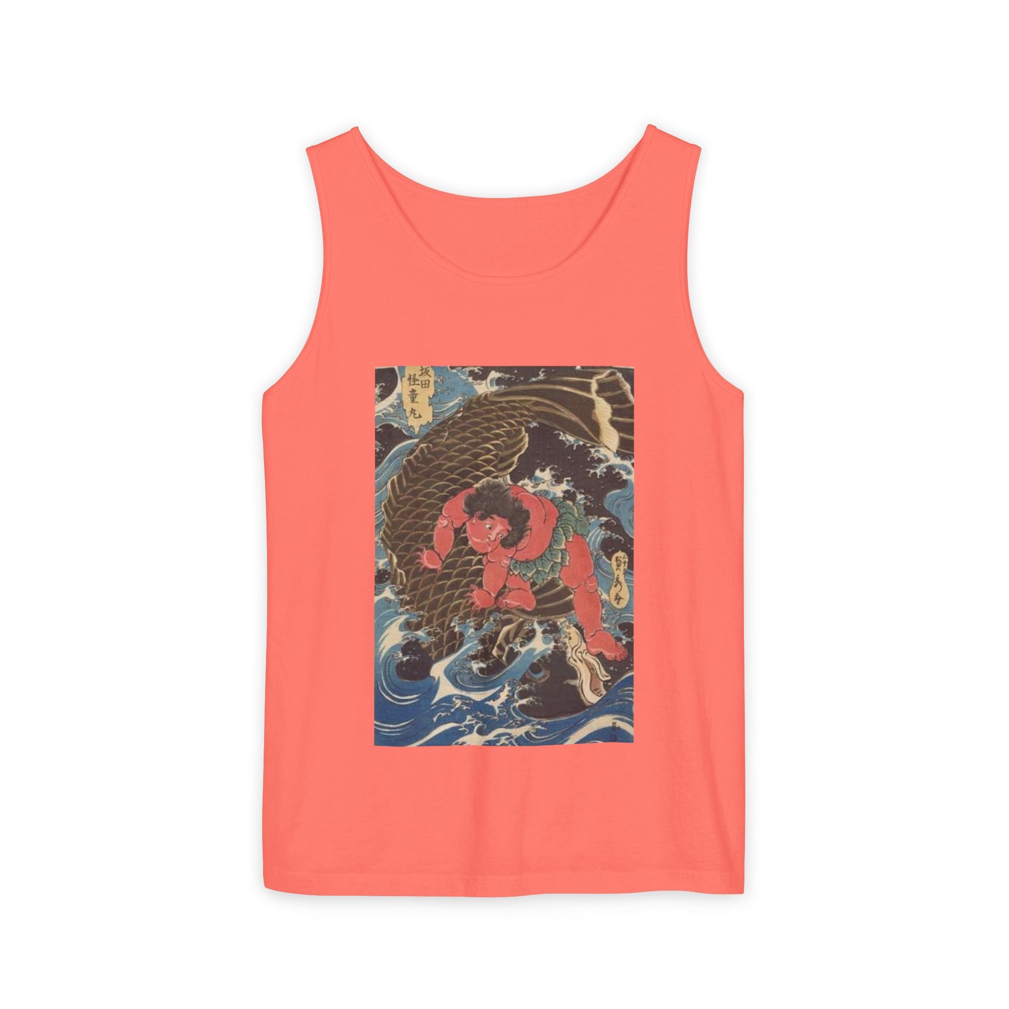 Unisex Garment-Dyed Tank Top with Kintaro the Golden Boy Fighting Koi Print