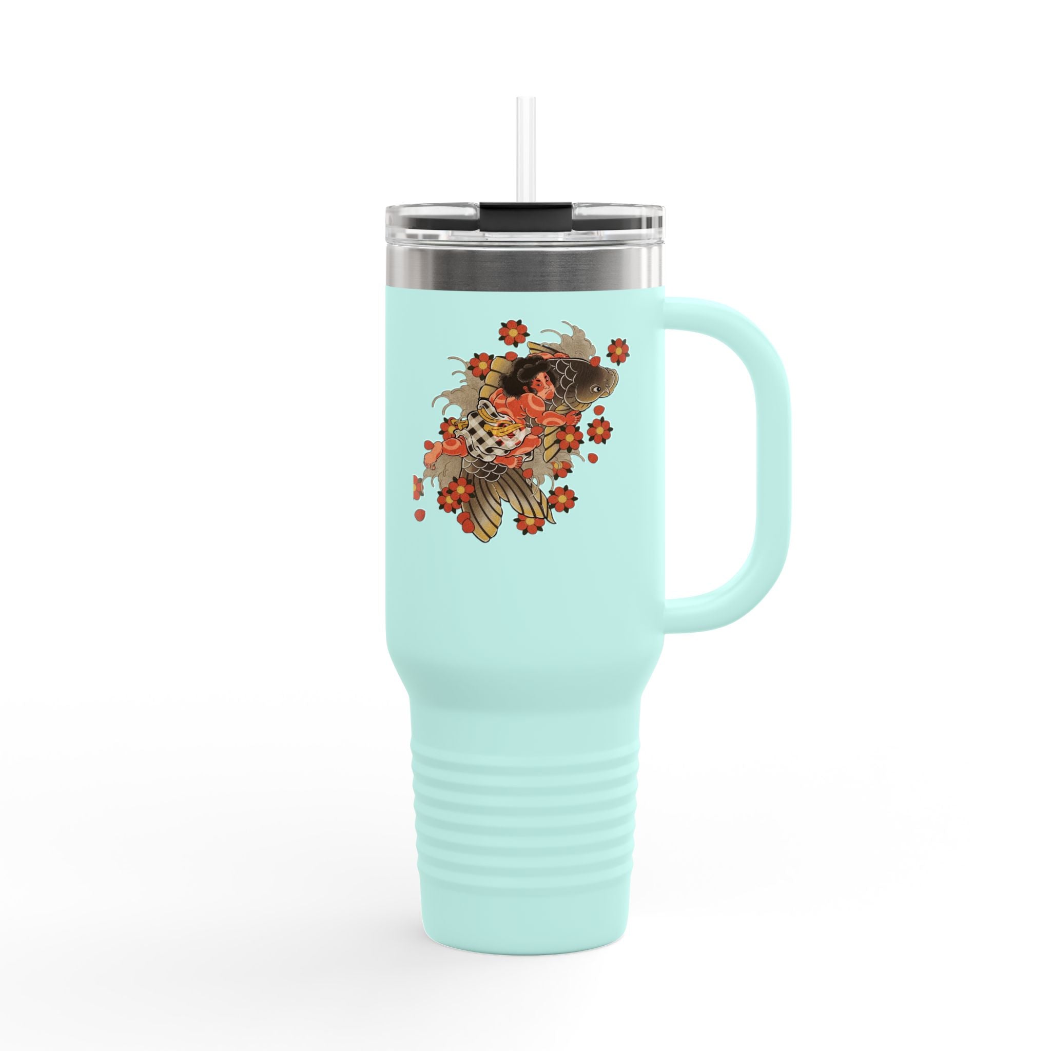 Kintaro with Koi and Cherry Blossoms — 40oz Insulated Travel Mug Tumbler with Handle