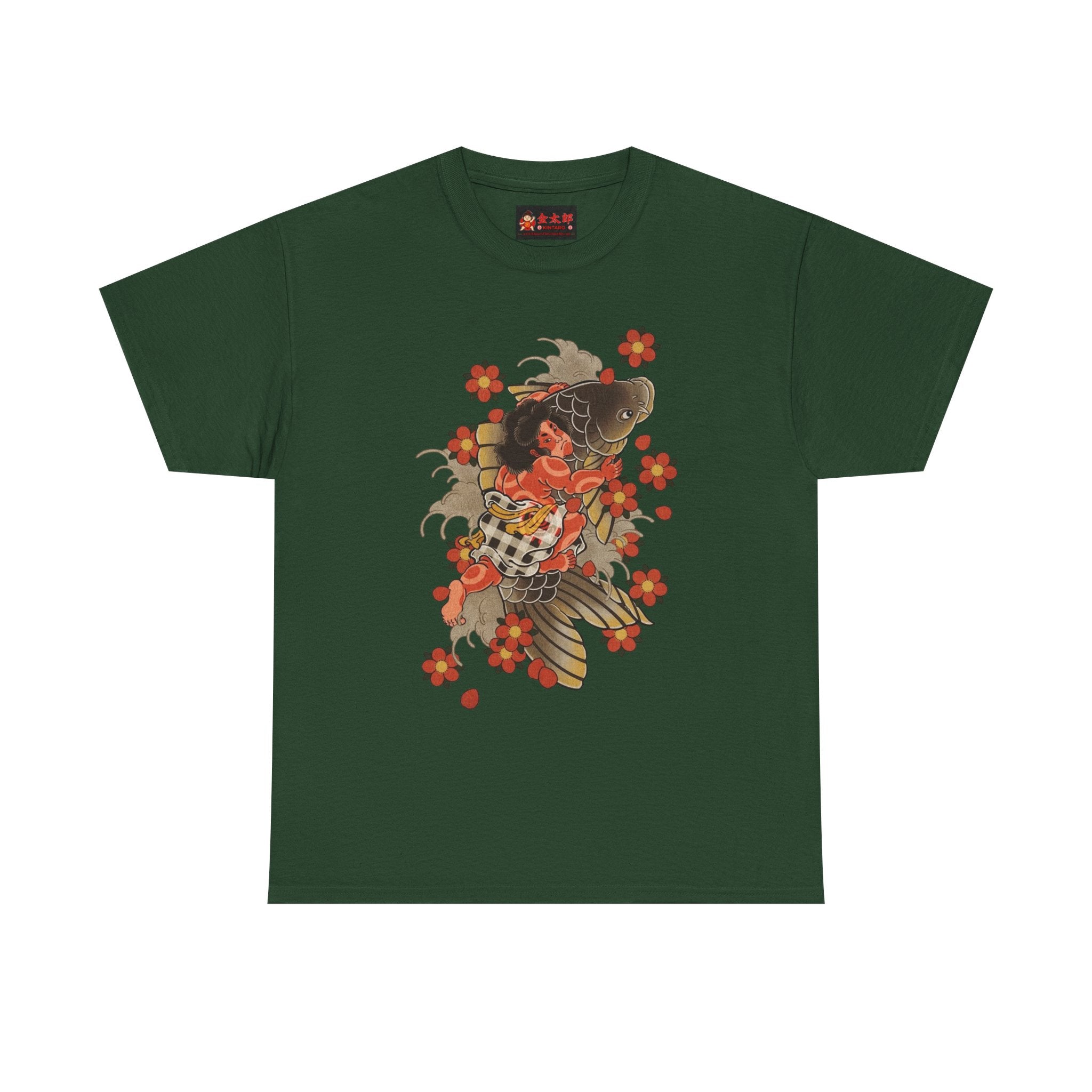 Kintaro The Golden Boy with Koi and Cherry Blossoms Printed T-Shirt