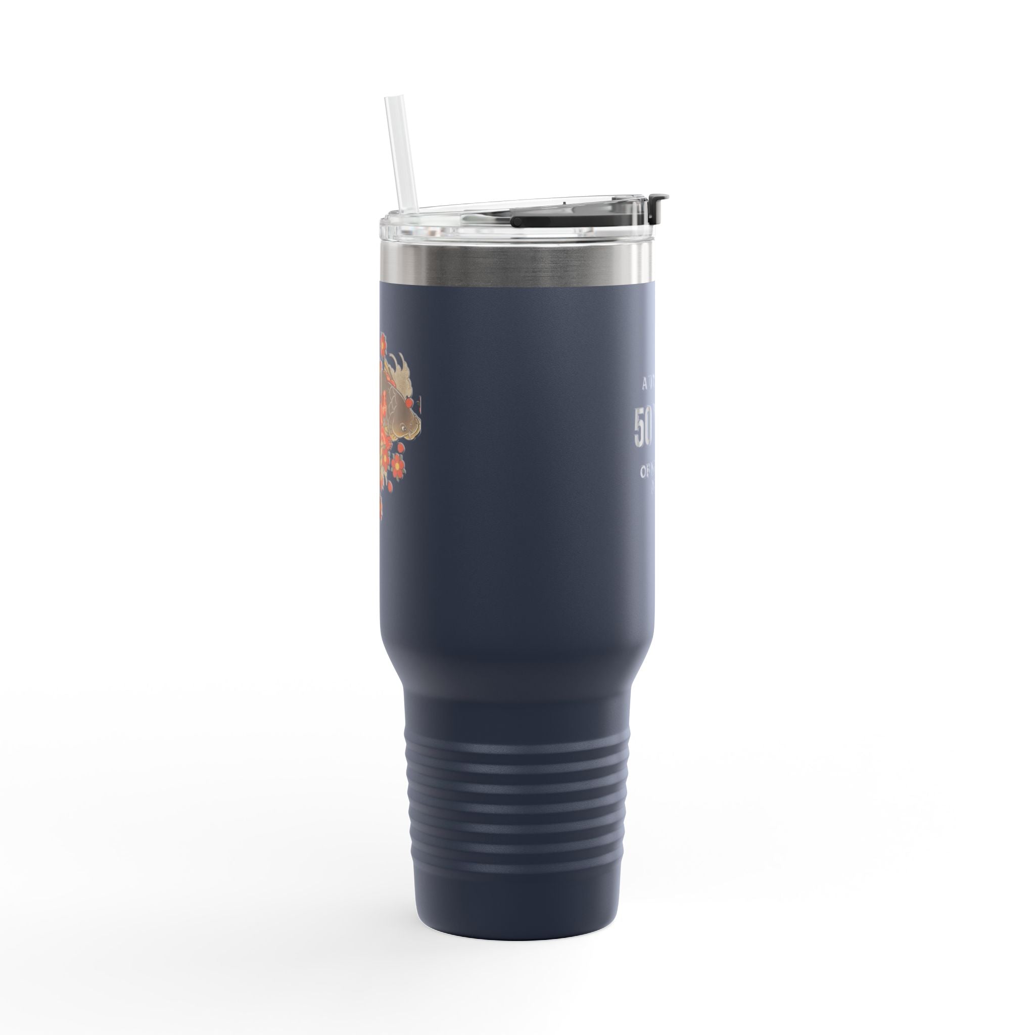 Kintaro with Koi and Cherry Blossoms — 40oz Insulated Travel Mug Tumbler with Handle (Right Handed)