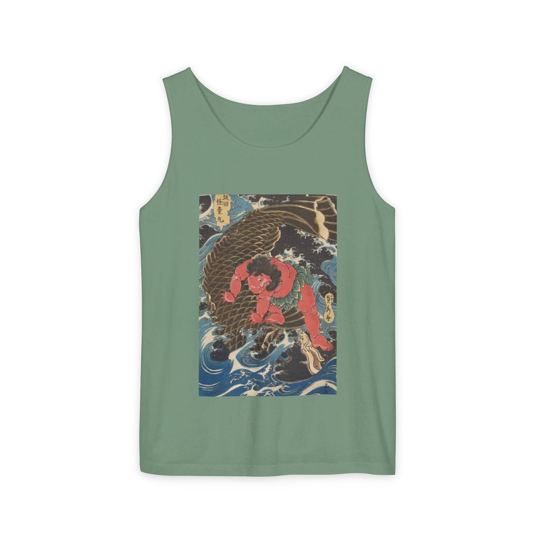 Unisex Garment-Dyed Tank Top with Kintaro the Golden Boy Fighting Koi Print