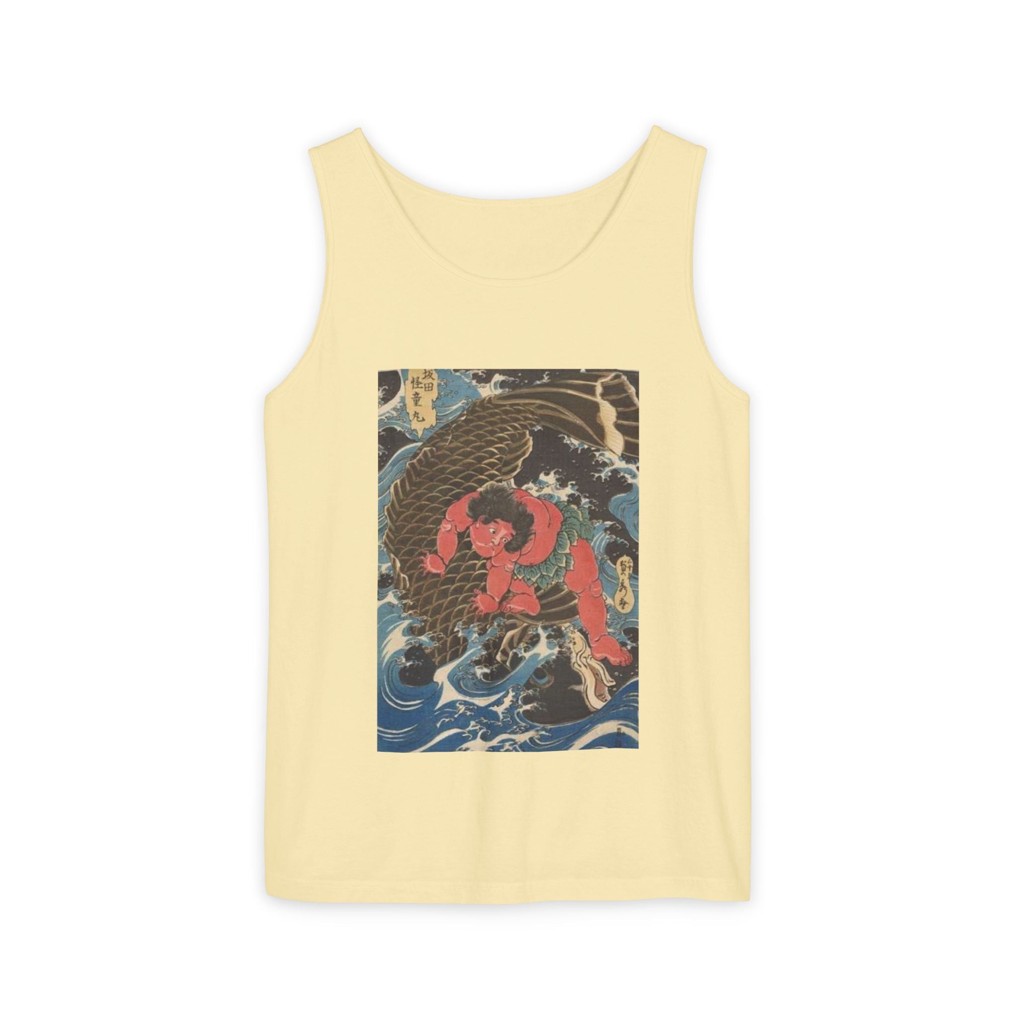Unisex Garment-Dyed Tank Top with Kintaro the Golden Boy Fighting Koi Print