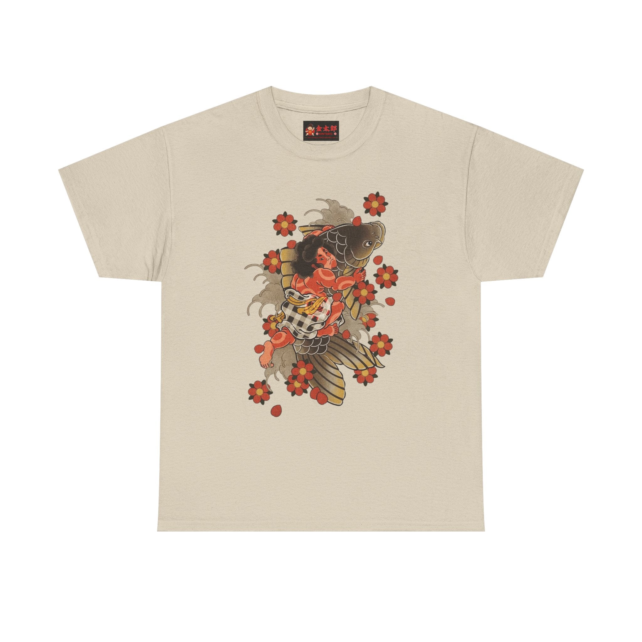 Kintaro The Golden Boy with Koi and Cherry Blossoms Printed T-Shirt