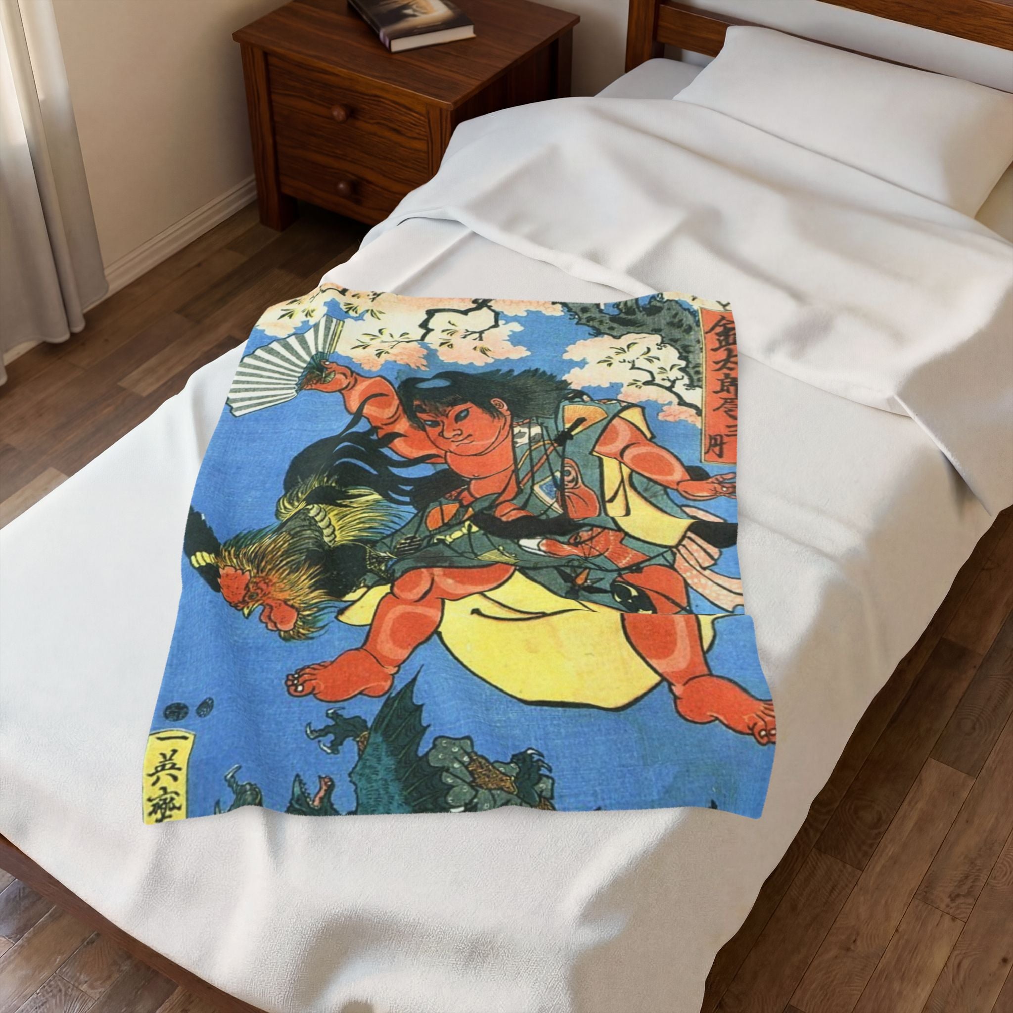 Velveteen Plush Blanket — Japanese Ukiyo-e Kintaro Design, Soft Cozy Throw