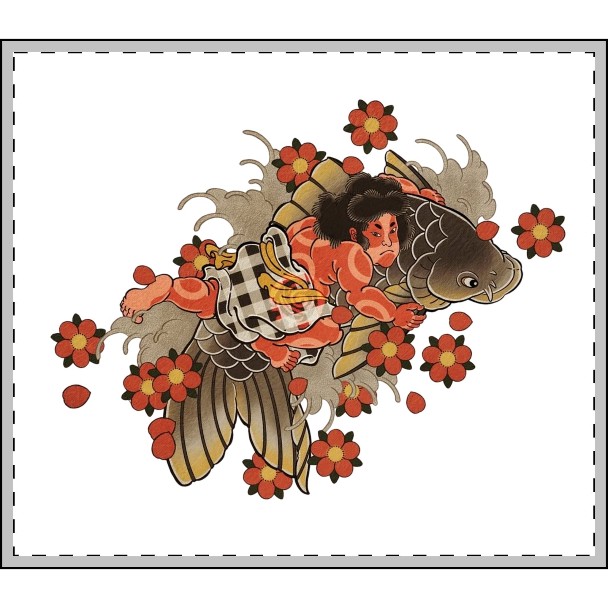 Kintaro Riding Koi with Cherry Blossoms Velveteen Plush Blanket — Cozy Throw