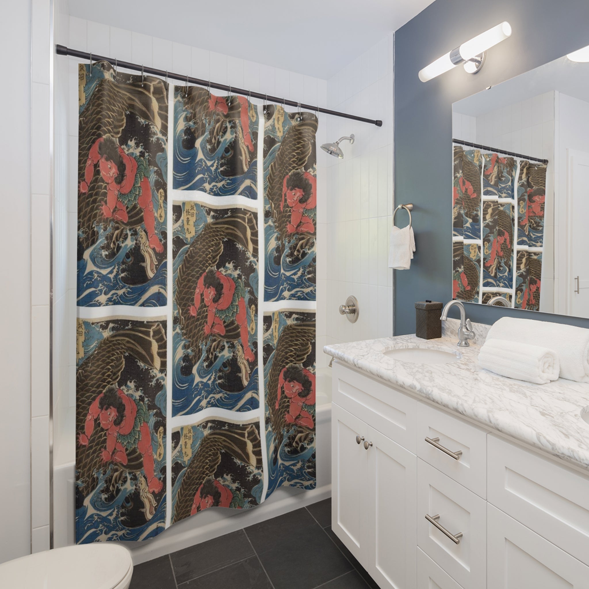 Koi Carp Wave Pattern Shower Curtain | Japanese Fish Bathroom Decor