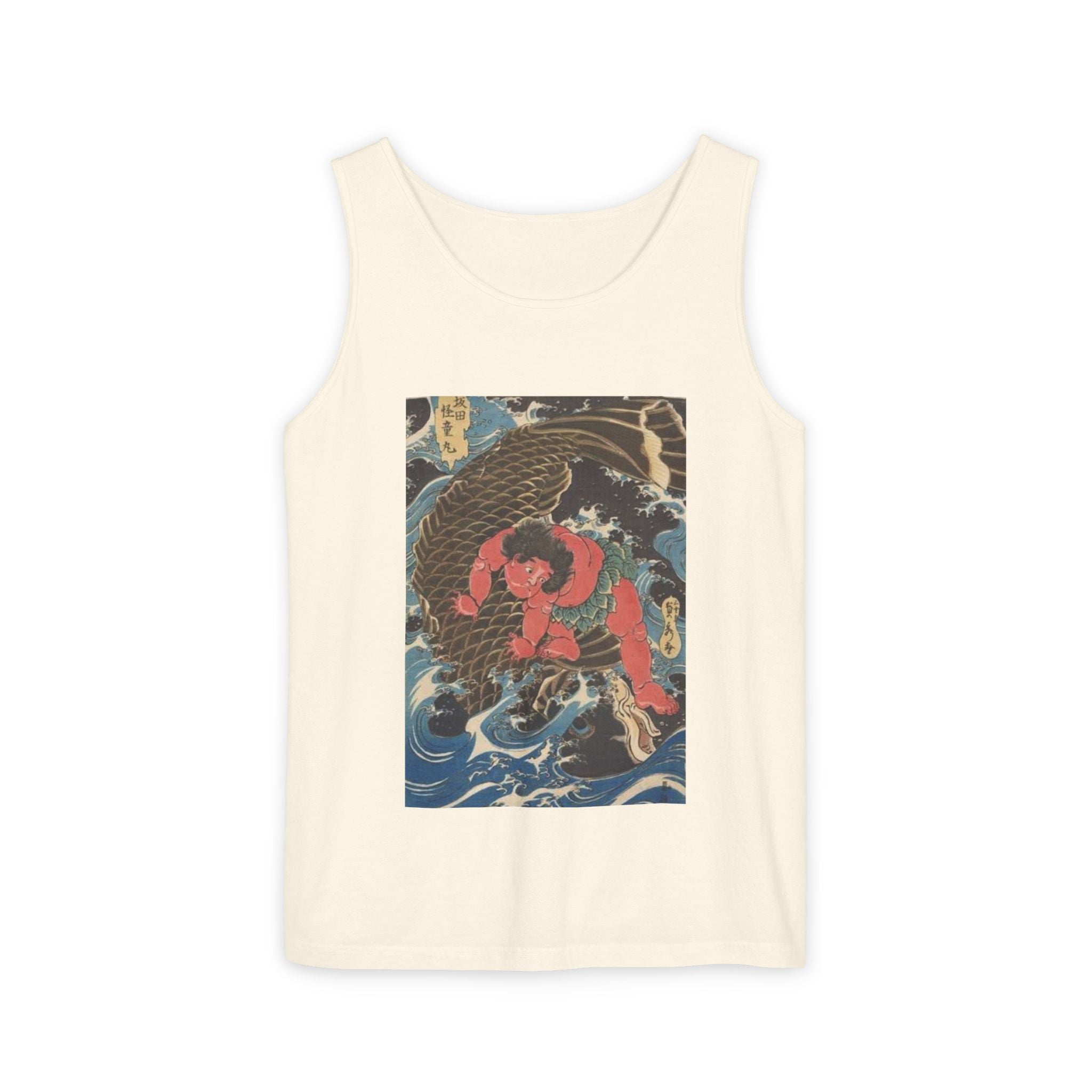Unisex Garment-Dyed Tank Top with Kintaro the Golden Boy Fighting Koi Print