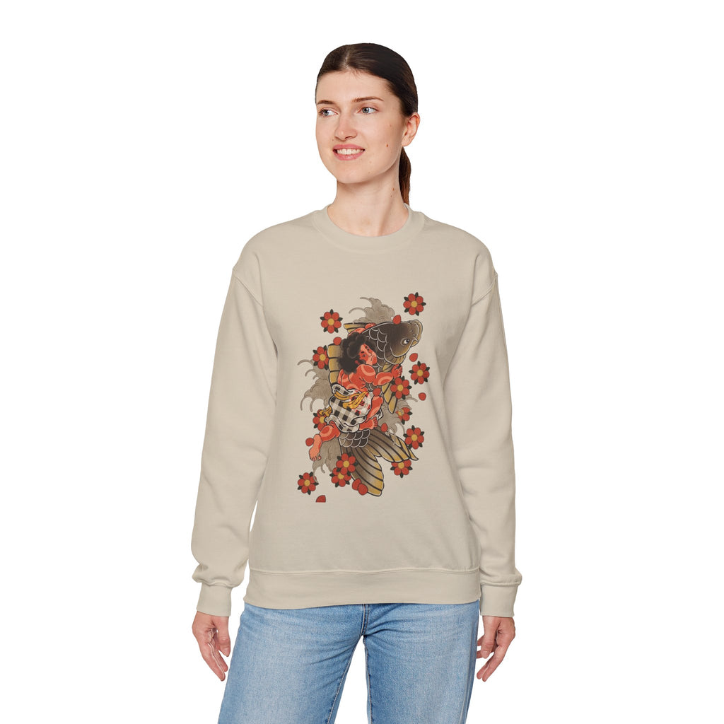 Kintaro The Golden Boy with Koi and Cherry Blossoms Crewneck Sweatshirt