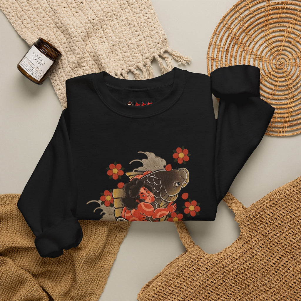 Kintaro The Golden Boy with Koi and Cherry Blossoms Crewneck Sweatshirt