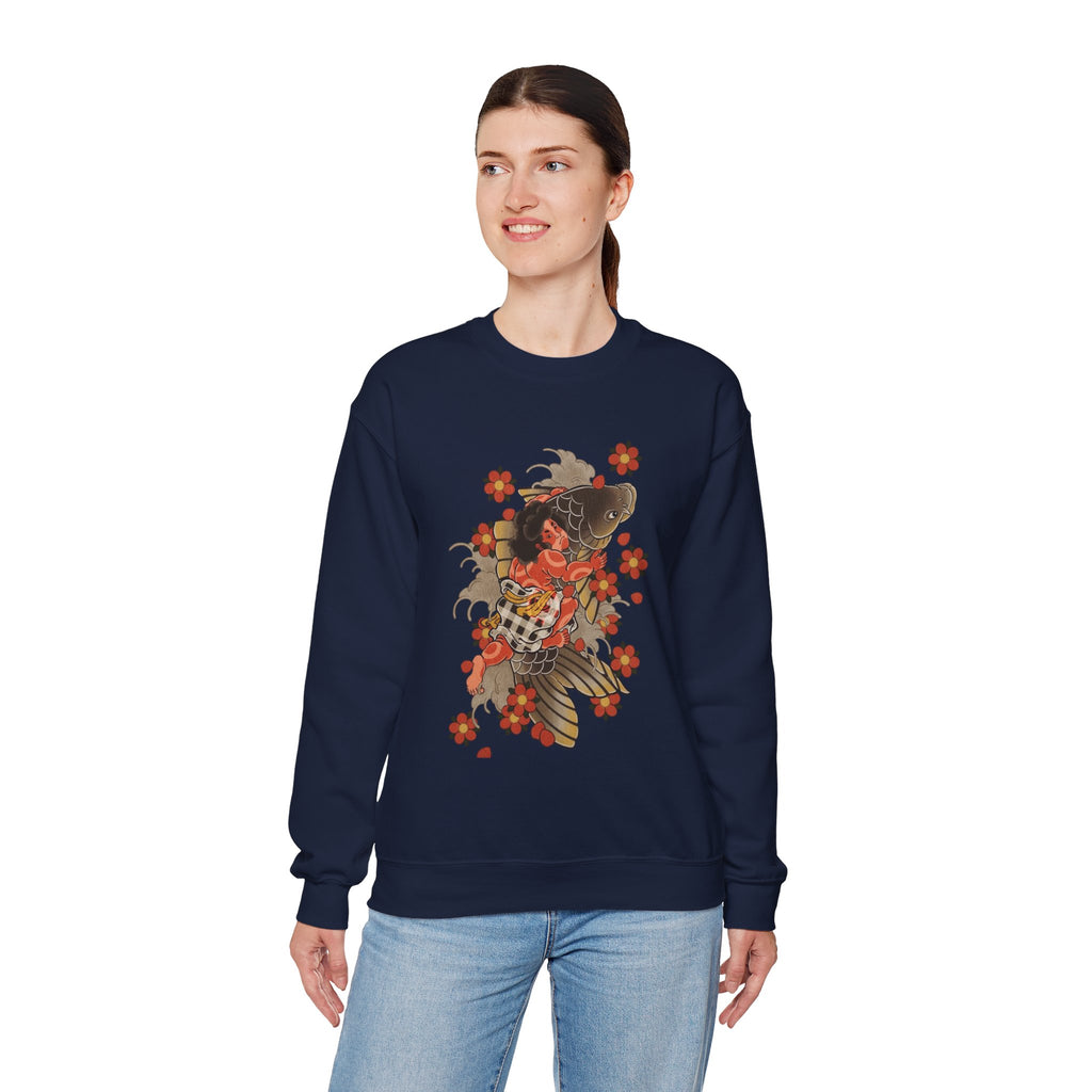 Kintaro The Golden Boy with Koi and Cherry Blossoms Crewneck Sweatshirt