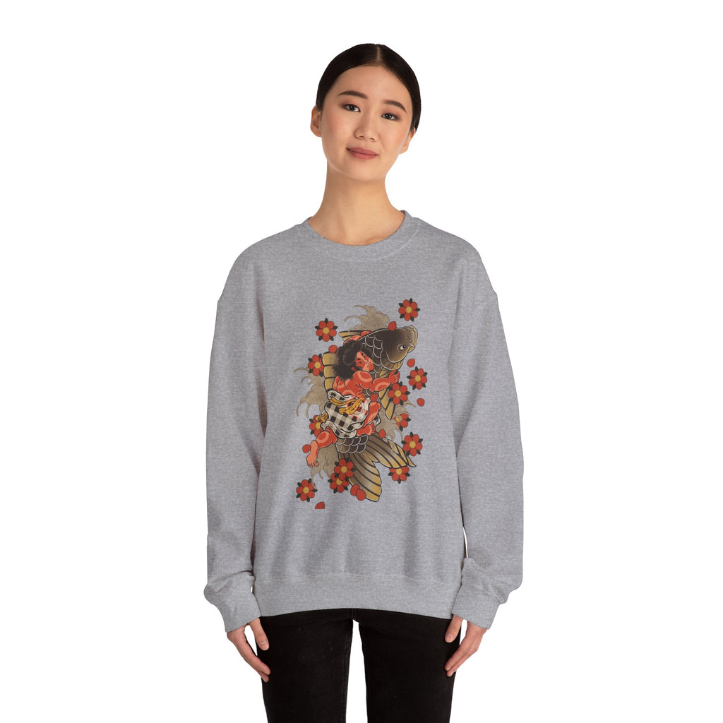 Kintaro The Golden Boy with Koi and Cherry Blossoms Crewneck Sweatshirt