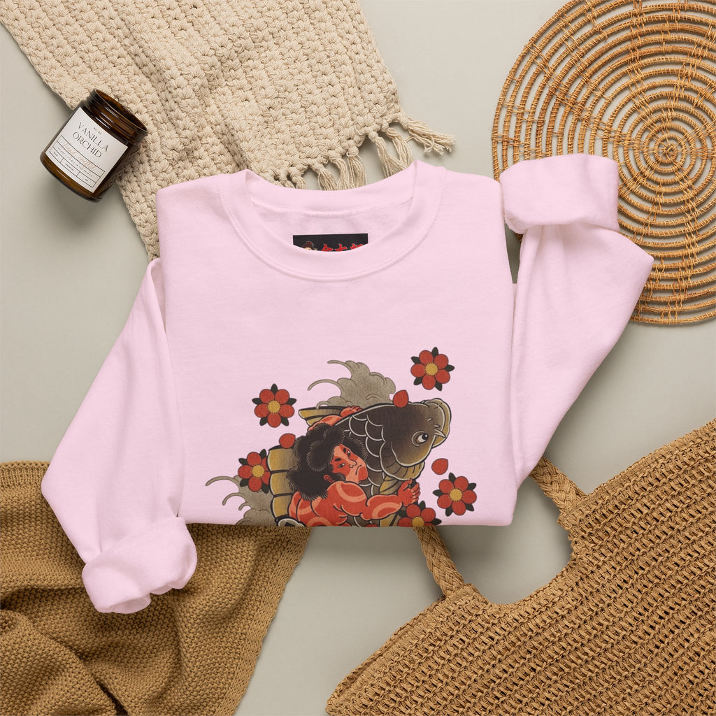 Kintaro The Golden Boy with Koi and Cherry Blossoms Crewneck Sweatshirt