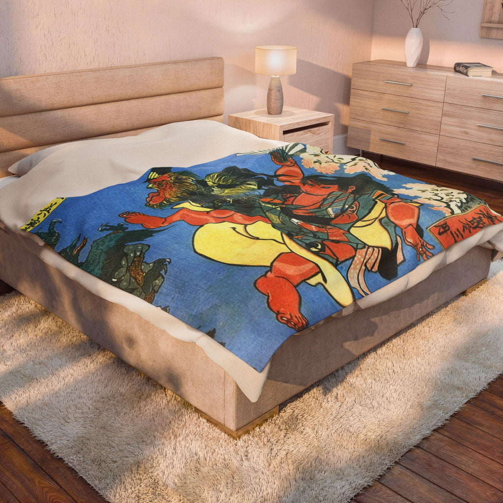 Velveteen Plush Blanket — Japanese Ukiyo-e Kintaro Design, Soft Cozy Throw