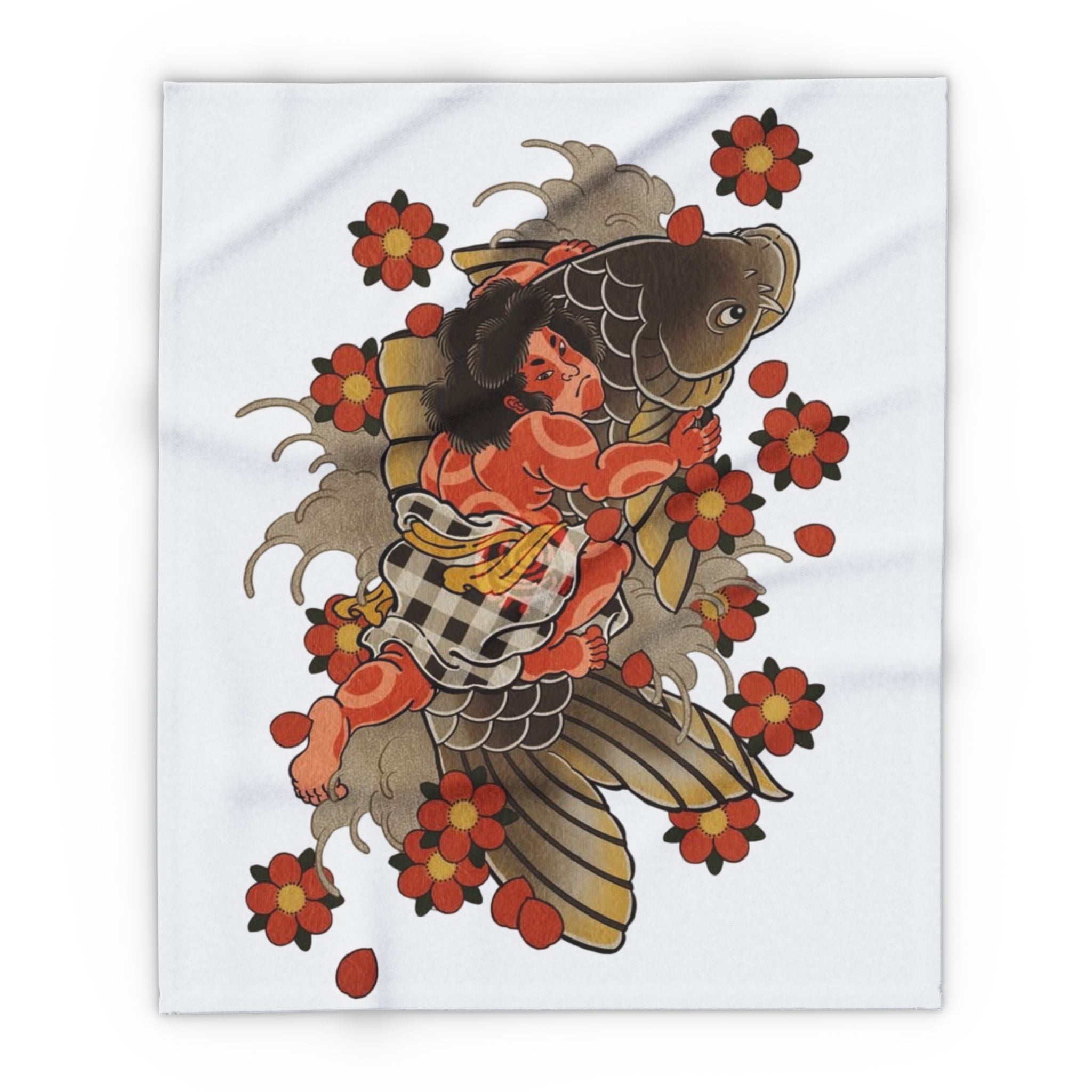 Kintaro The Golden Boy on a Koi with Cherry Blossoms Printed on a  Arctic Fleece Blanket