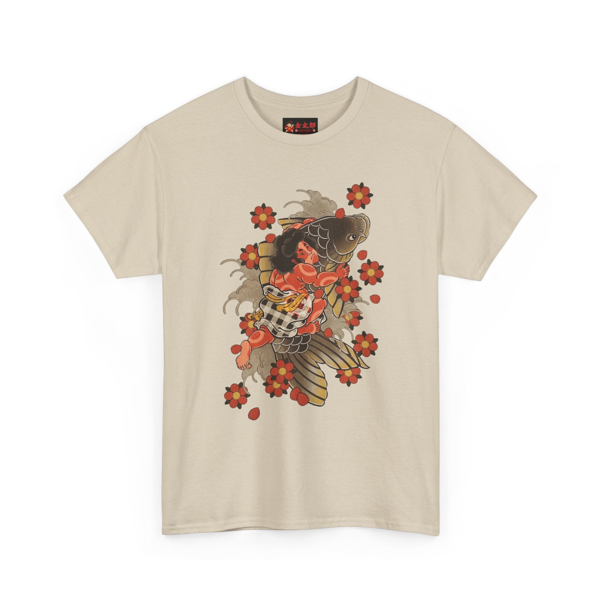 Kintaro The Golden Boy with Koi and Cherry Blossoms Printed T-Shirt