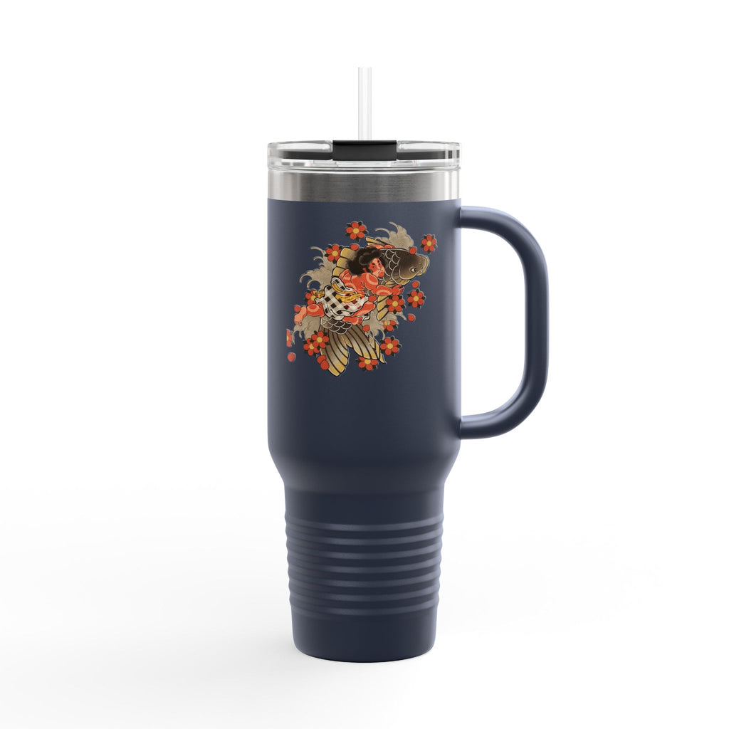 Kintaro with Koi and Cherry Blossoms — 40oz Insulated Travel Mug Tumbler with Handle