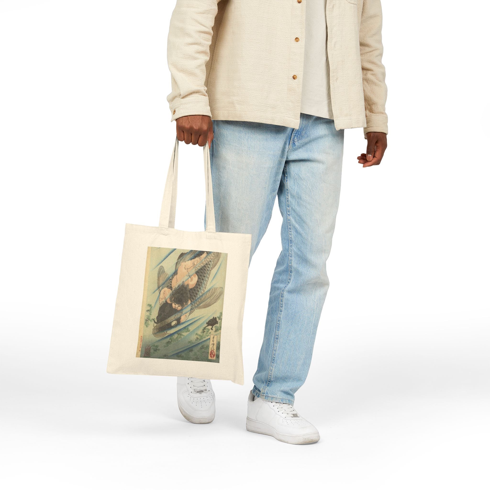 Kintaro Riding Koi Print Canvas Tote
