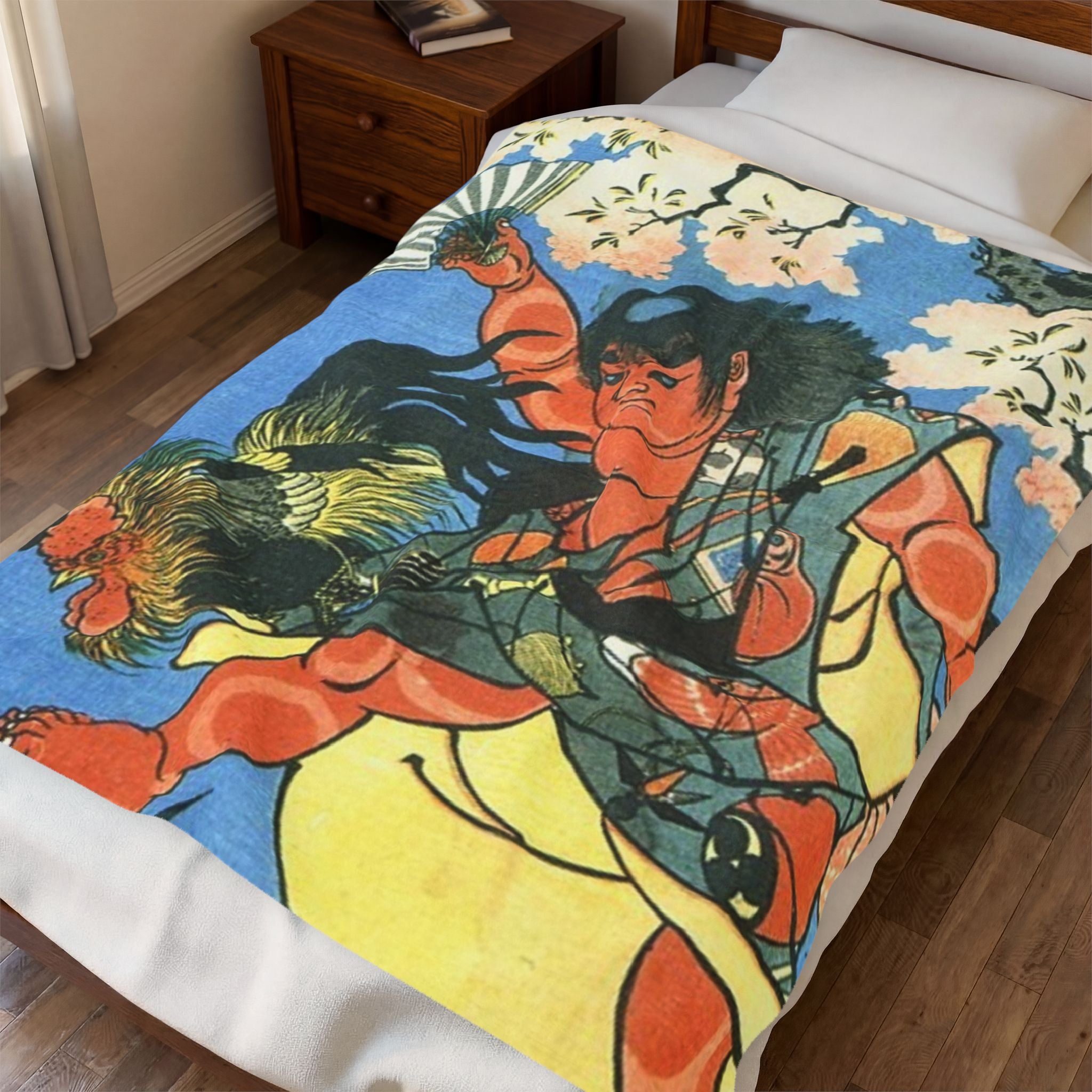 Velveteen Plush Blanket — Japanese Ukiyo-e Kintaro Design, Soft Cozy Throw