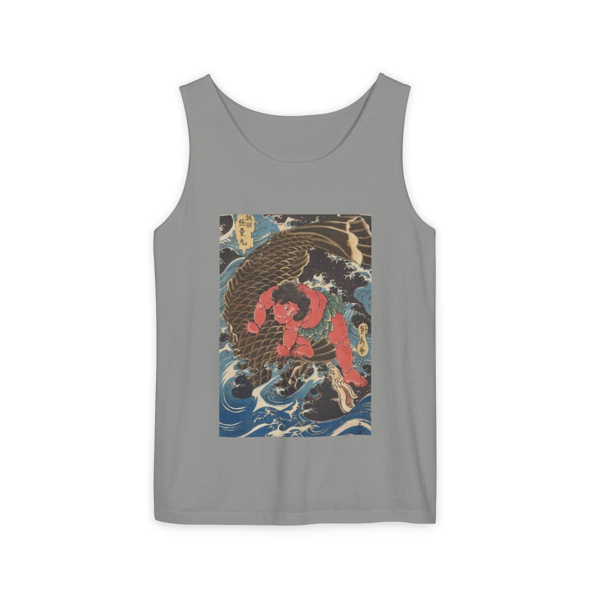 Unisex Garment-Dyed Tank Top with Kintaro the Golden Boy Fighting Koi Print