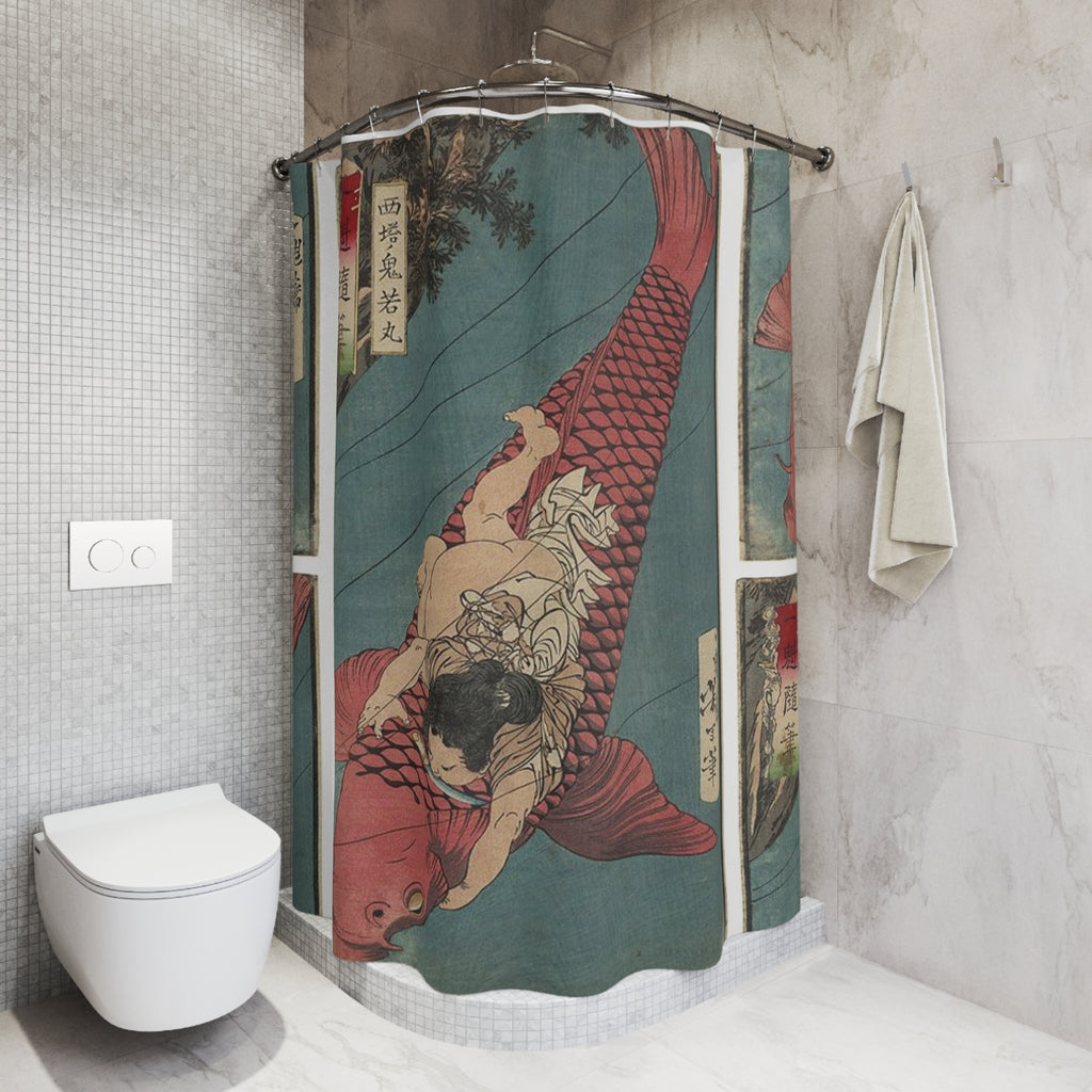Kintaro Riding Red Koi Bathroom Shower Curtain
