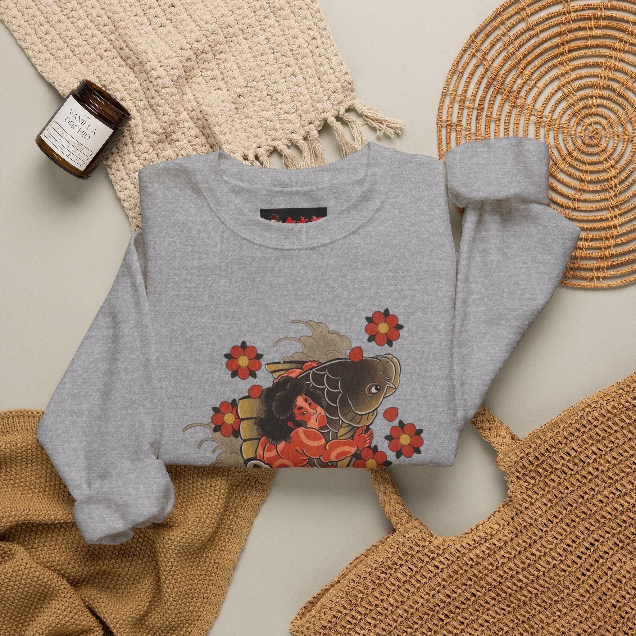 Kintaro The Golden Boy with Koi and Cherry Blossoms Crewneck Sweatshirt
