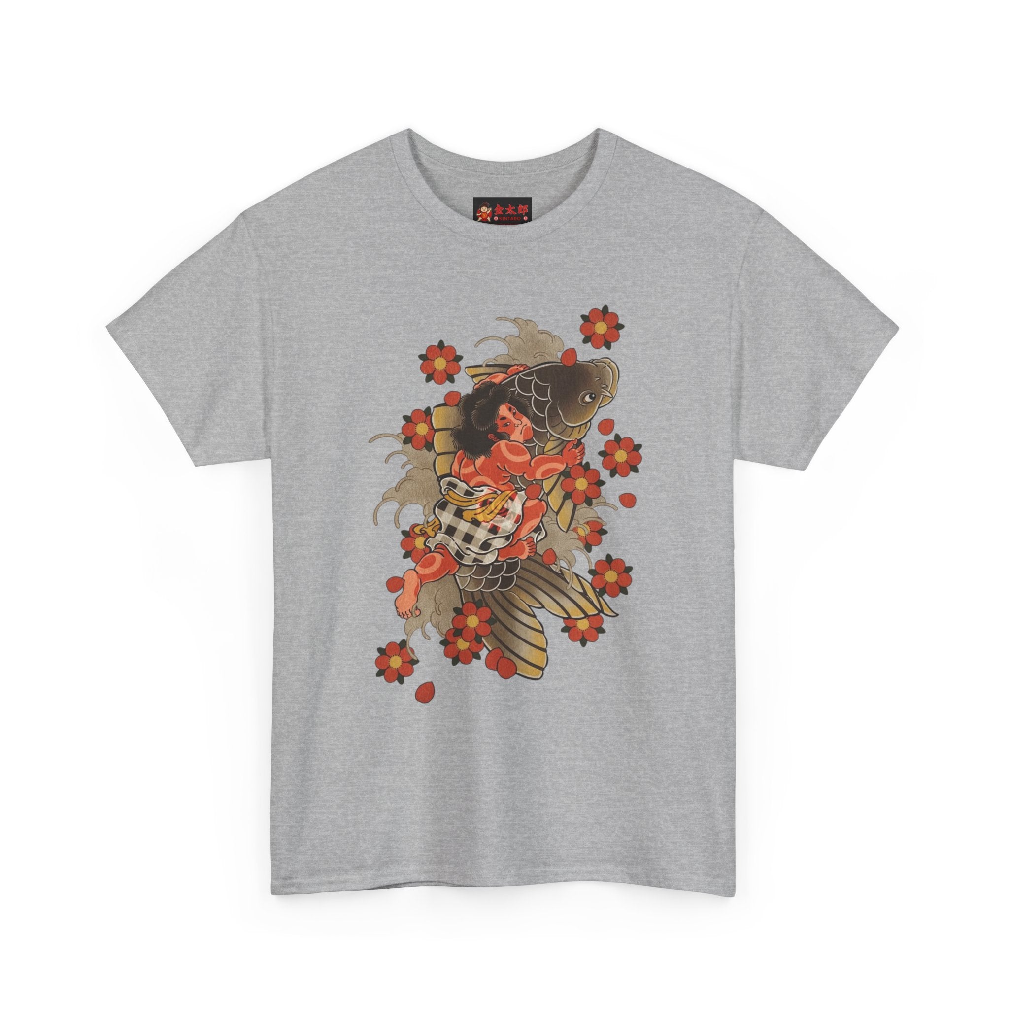 Kintaro The Golden Boy with Koi and Cherry Blossoms Printed T-Shirt
