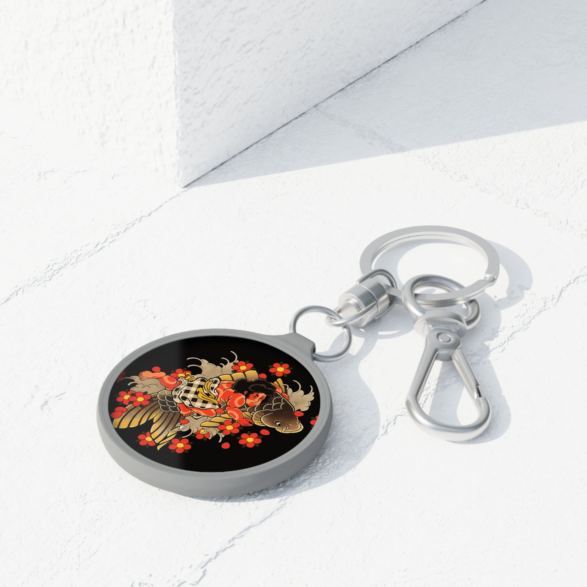 Kintaro with Koi and Cherry Blossom Keyring Tag