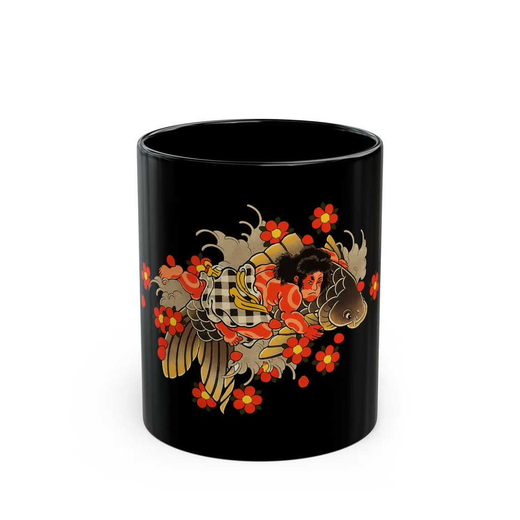 Kintaro and Koi with Cherry Blossoms Black Ceramic Mug (11oz/15oz)