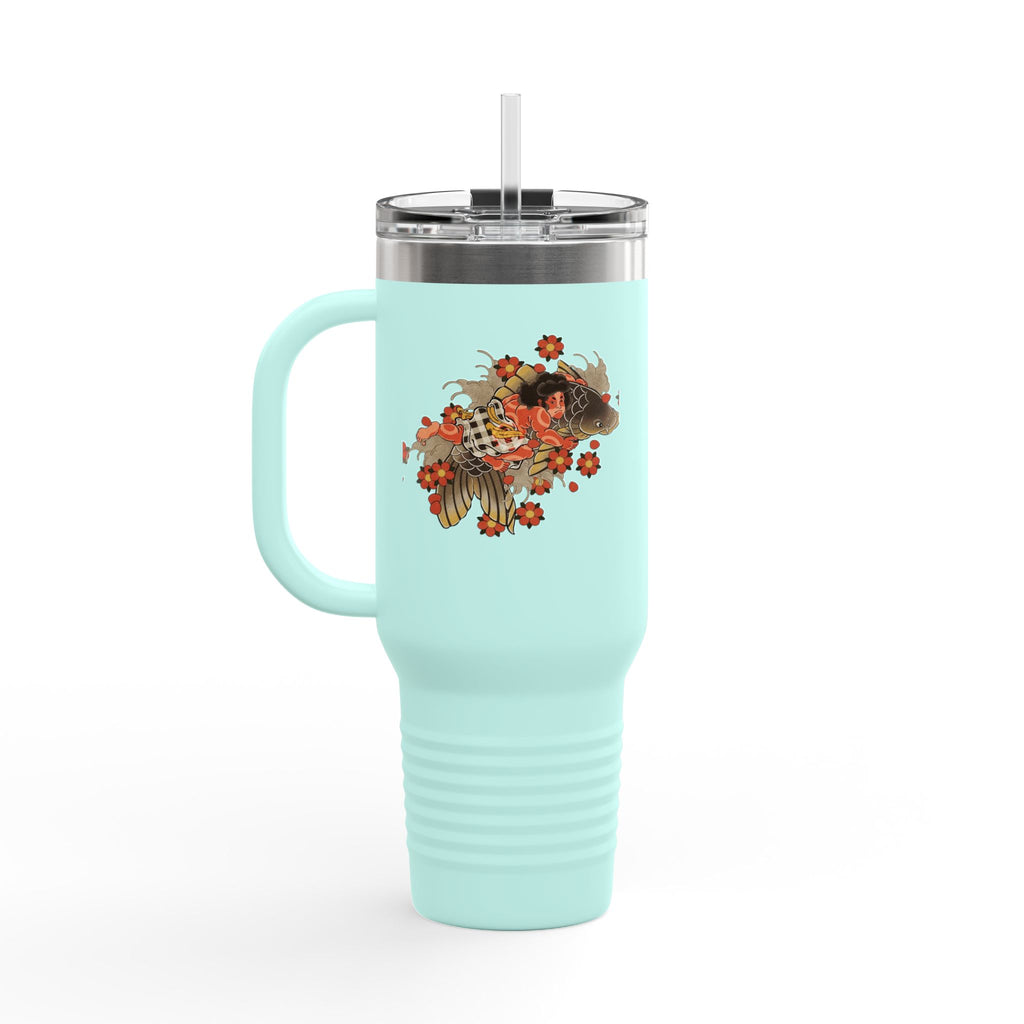 Kintaro with Koi and Cherry Blossoms — 40oz Insulated Travel Mug Tumbler with Handle (Right Handed)
