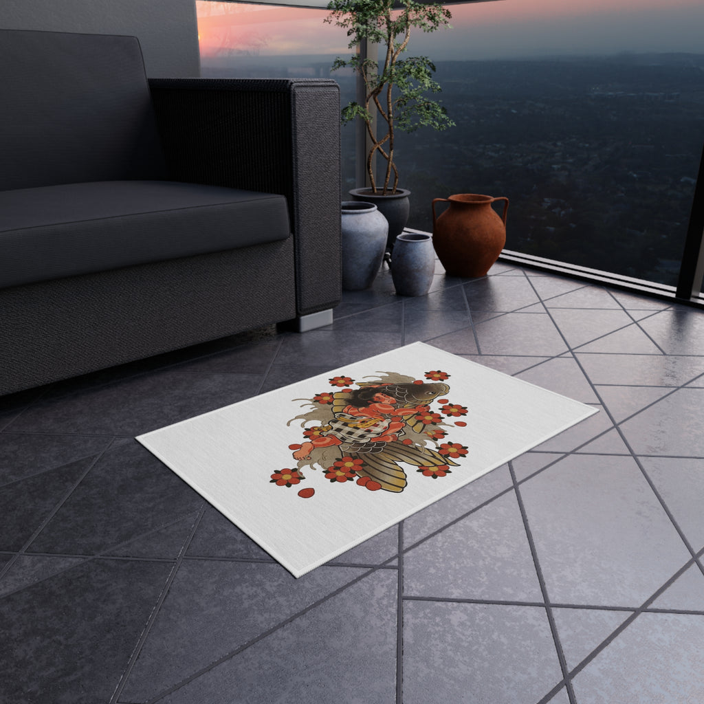Kintaro, Koi and Cherry Blossoms Outdoor Rug — Garden Patio Mat