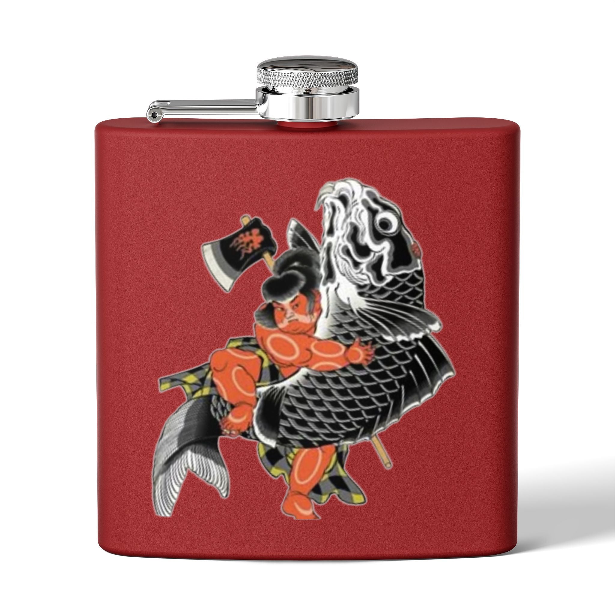 Kintaro with Koi and Axe on a Stainless Steel Flask, 6oz