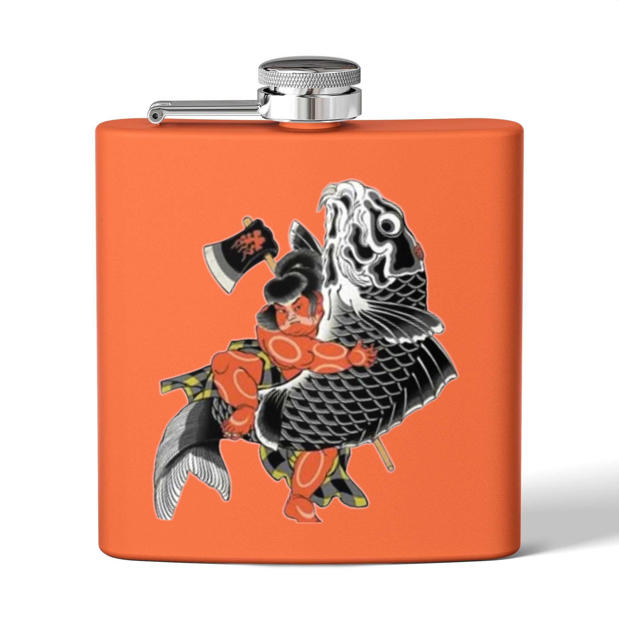 Kintaro with Koi and Axe on a Stainless Steel Flask, 6oz