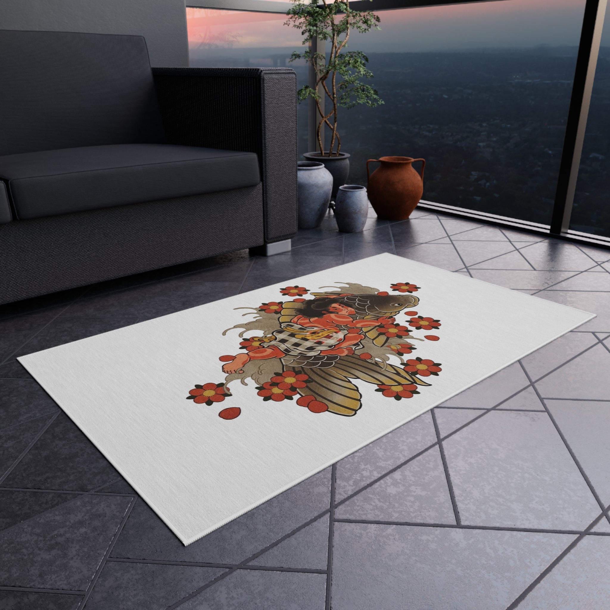 Kintaro, Koi and Cherry Blossoms Outdoor Rug — Garden Patio Mat