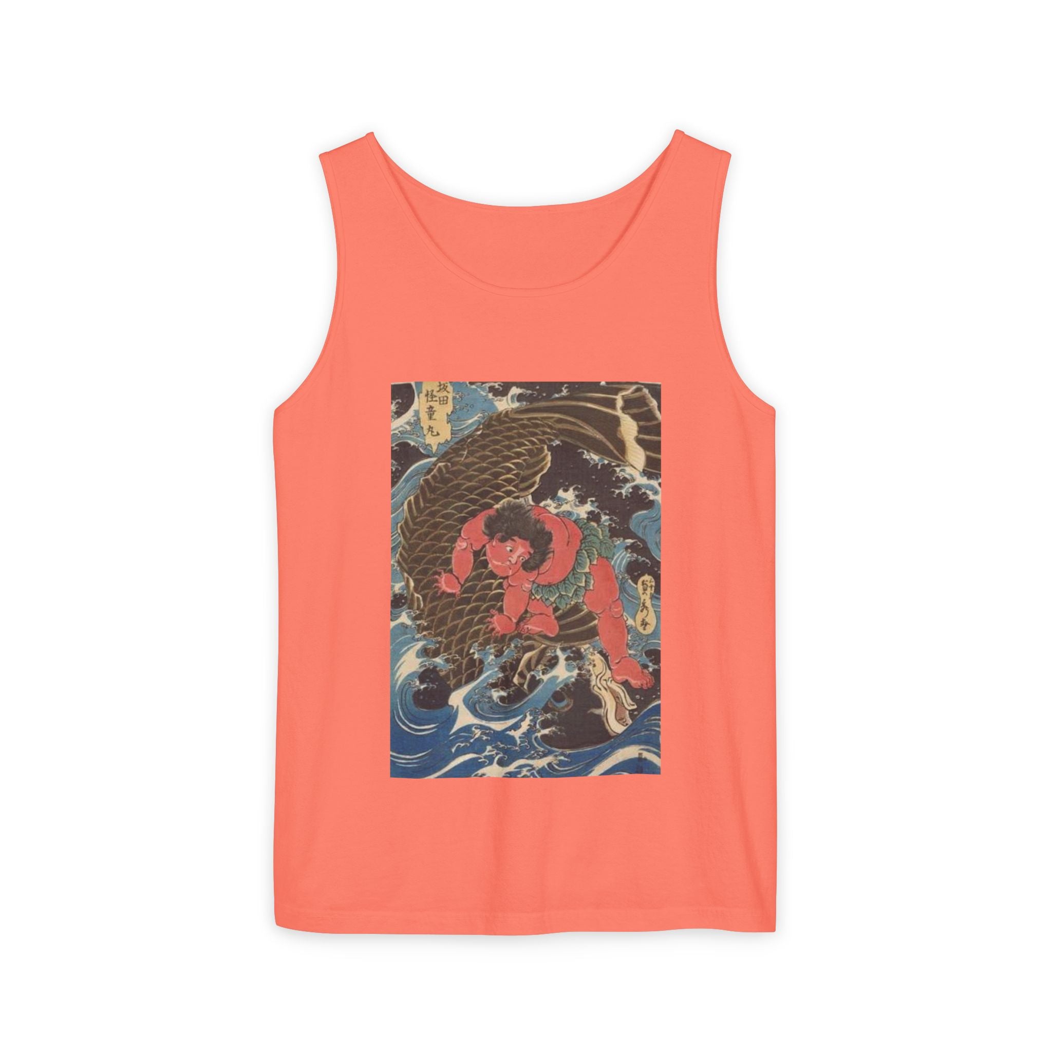 Unisex Garment-Dyed Tank Top with Kintaro the Golden Boy Fighting Koi Print