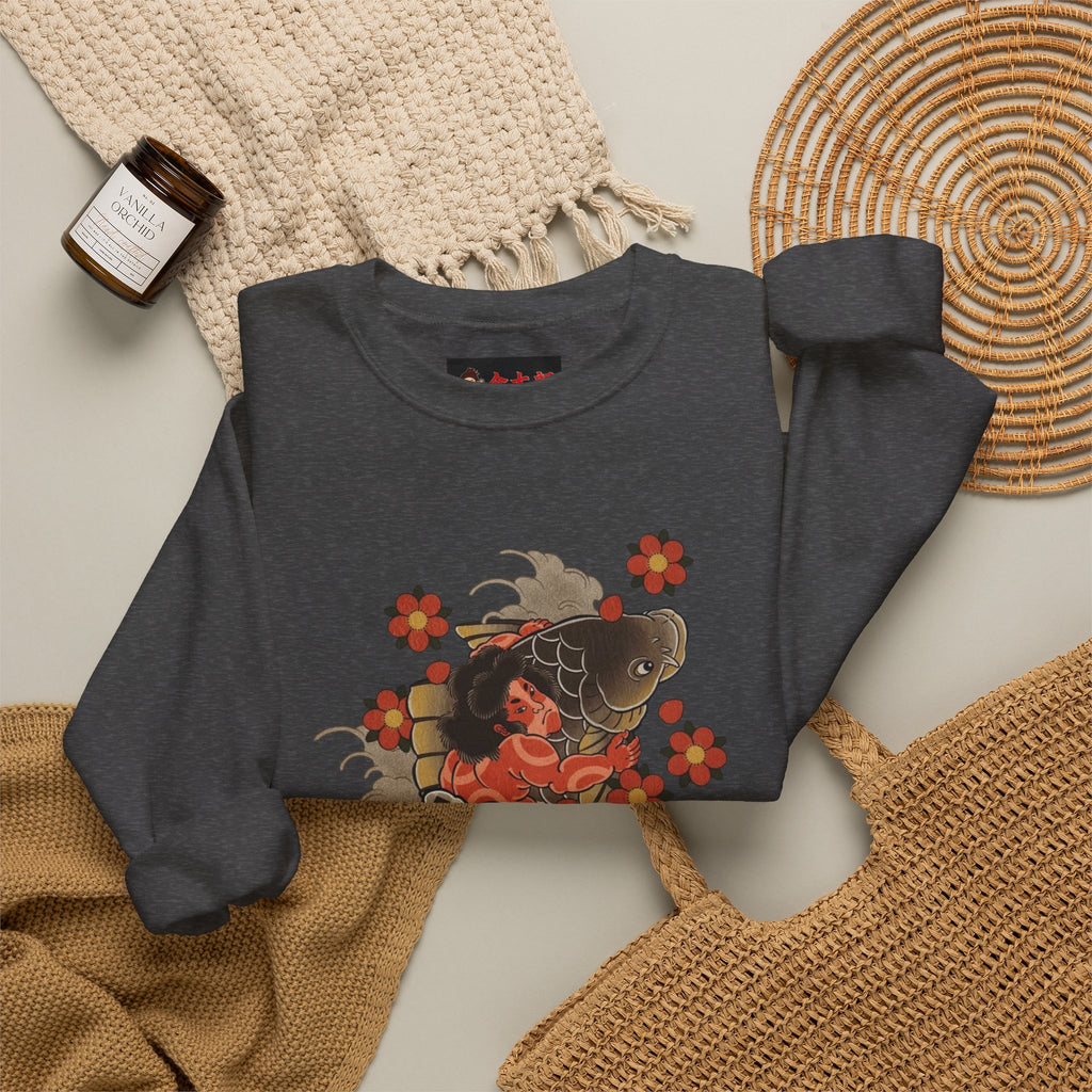 Kintaro The Golden Boy with Koi and Cherry Blossoms Crewneck Sweatshirt