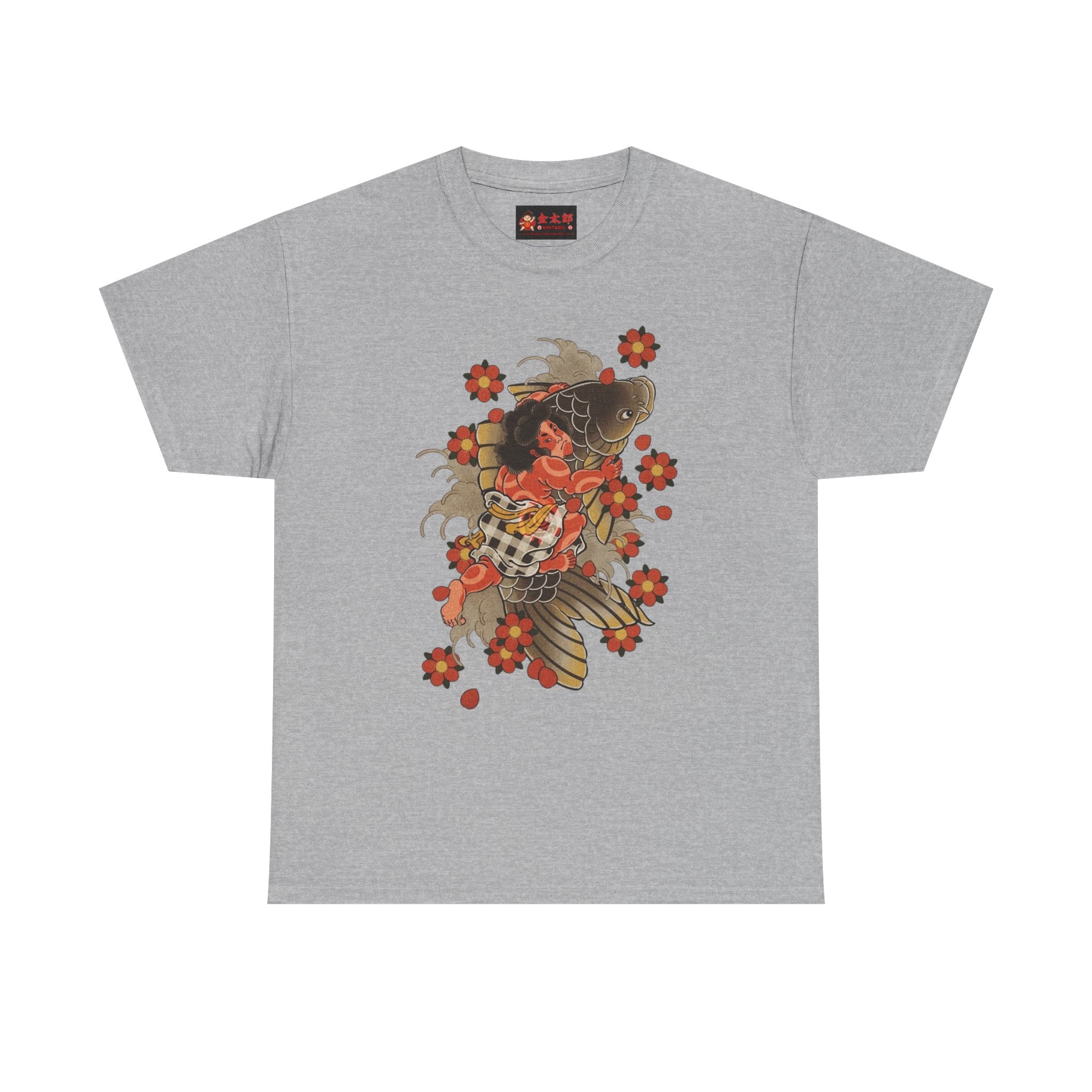 Kintaro The Golden Boy with Koi and Cherry Blossoms Printed T-Shirt