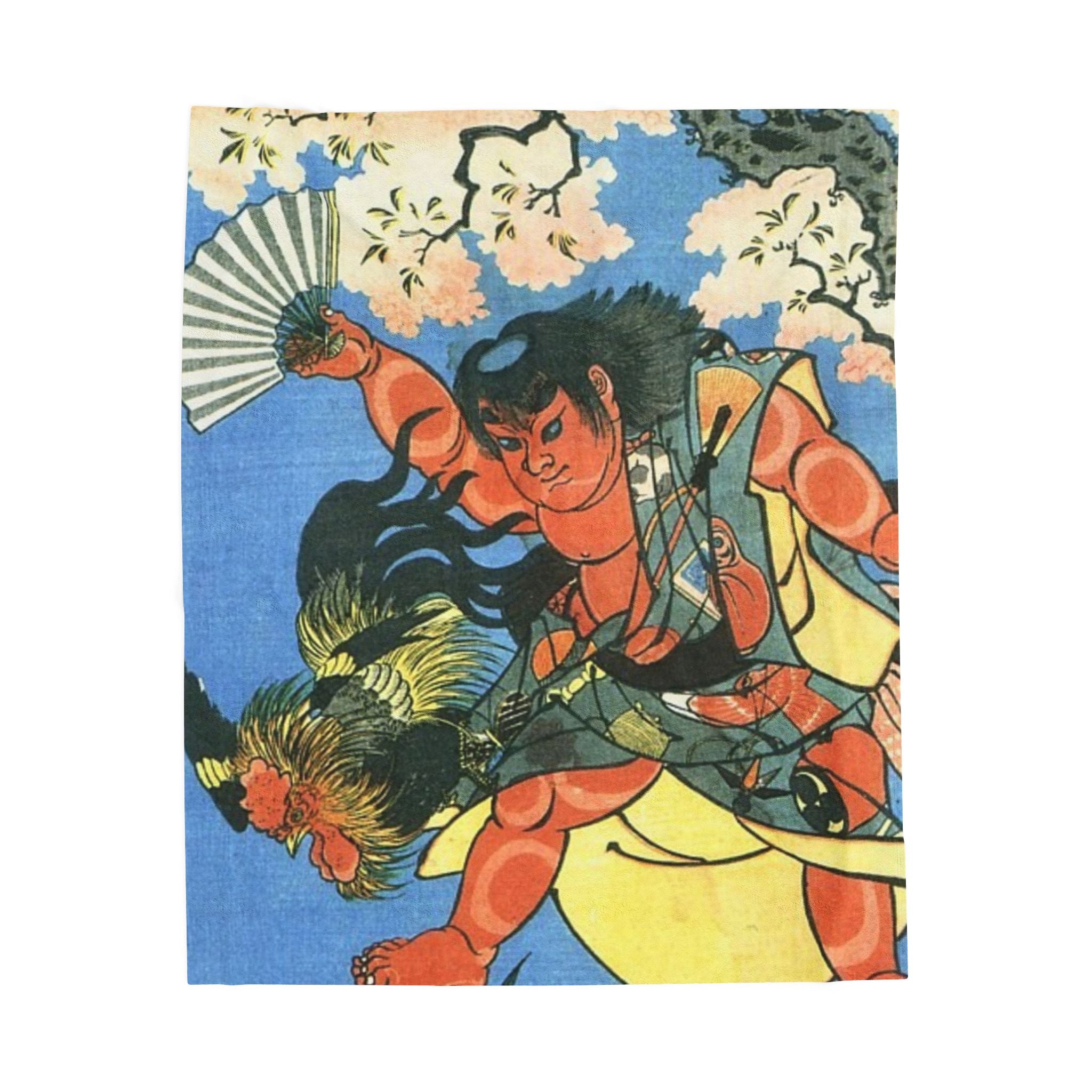 Velveteen Plush Blanket — Japanese Ukiyo-e Kintaro Design, Soft Cozy Throw
