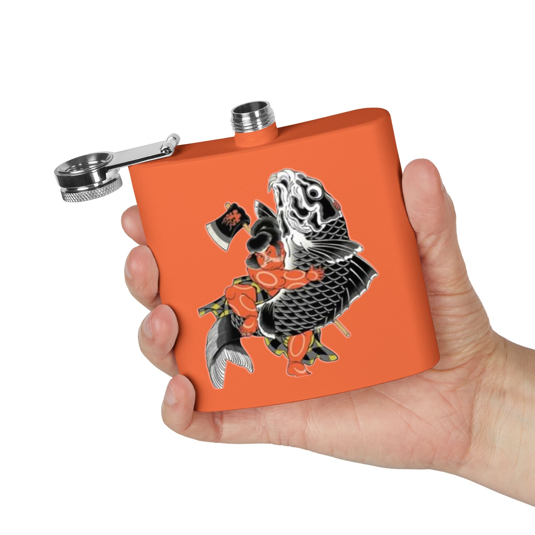 Kintaro with Koi and Axe on a Stainless Steel Flask, 6oz